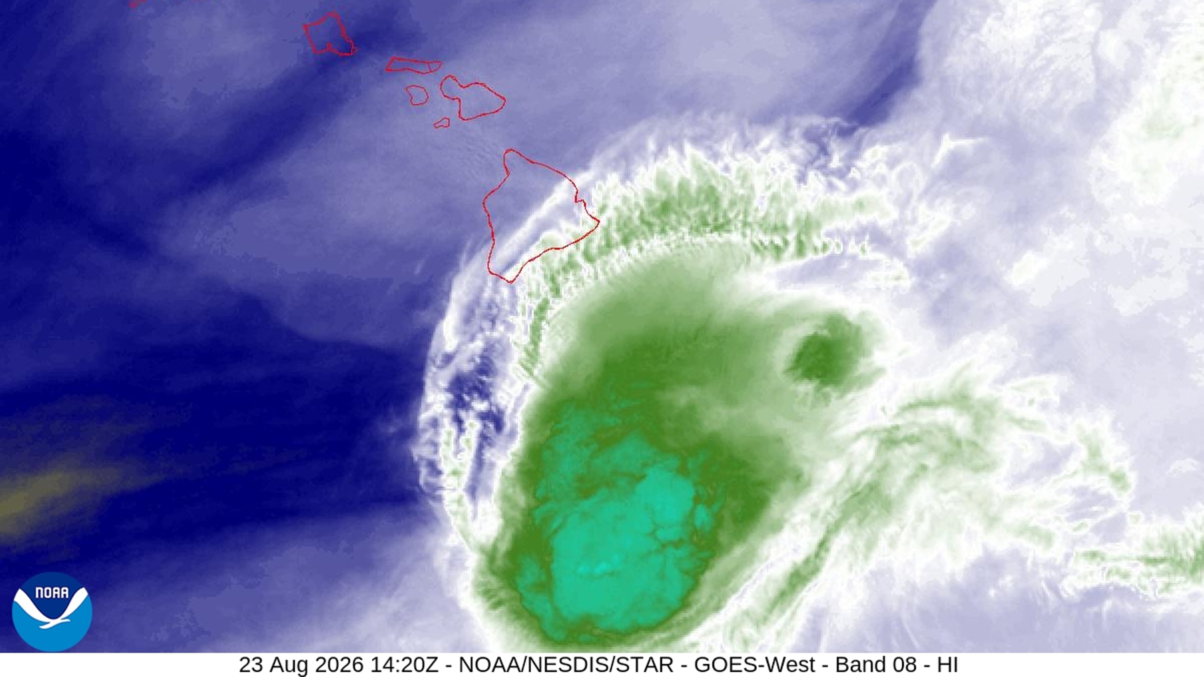 This NOAA satellite image taken Sunday, Aug. 23, 2026, shows the water vapor of Tropical Storm Moke as it advanced toward Hawaii's Big Island. (NOAA via AP)