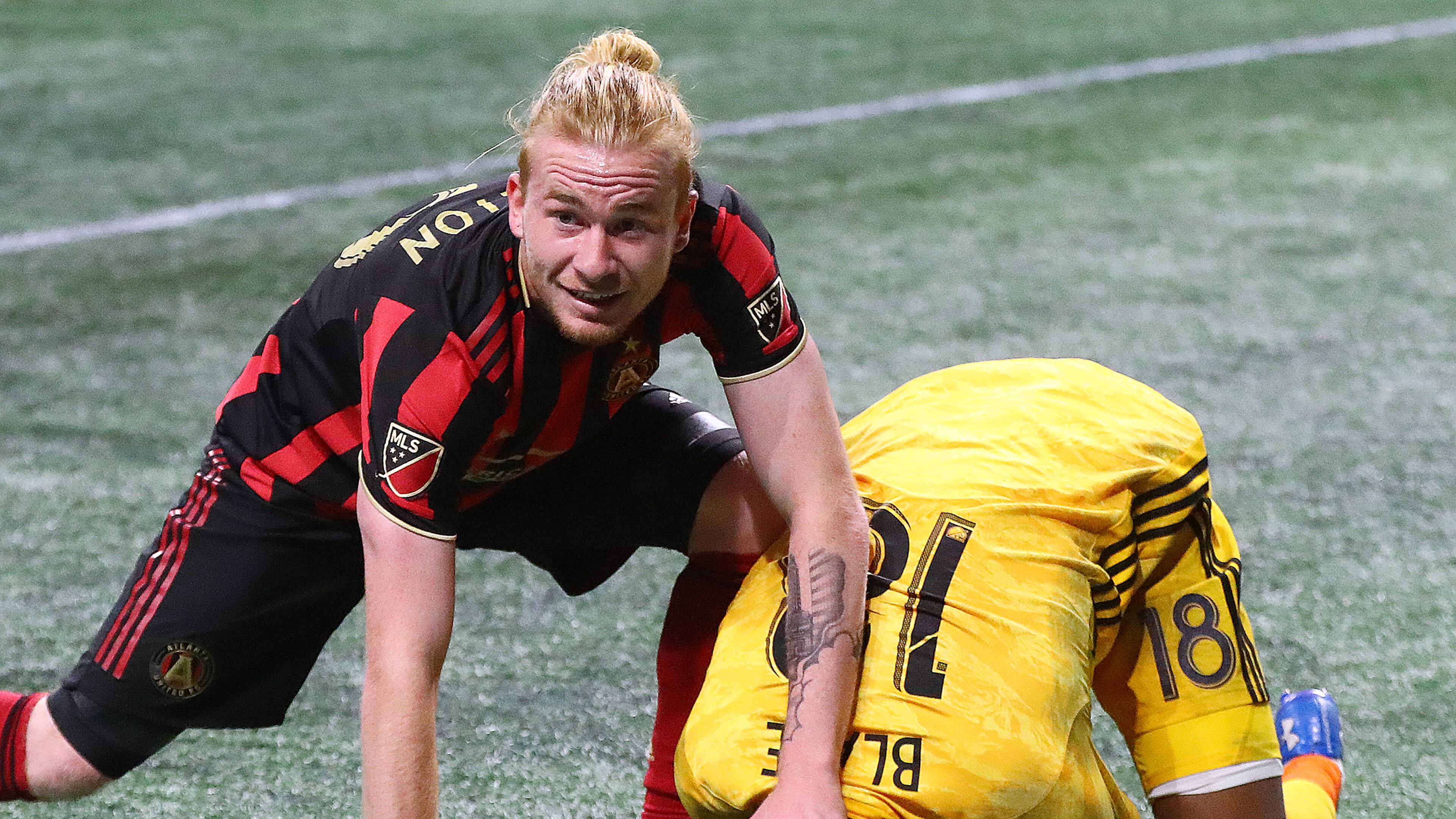 March 17, 2019 Atlanta: Atlanta United midfielder Andrew Carleton canât get the ball in the net as Philadelphia Union goalkeeper Andre Blake covers it up blocking the shot during the second half in a MLS soccer match that ended in a 1-1 draw on Sunday, March 17, 2019, in Atlanta. Curtis Compton/ccompton@ajc.com