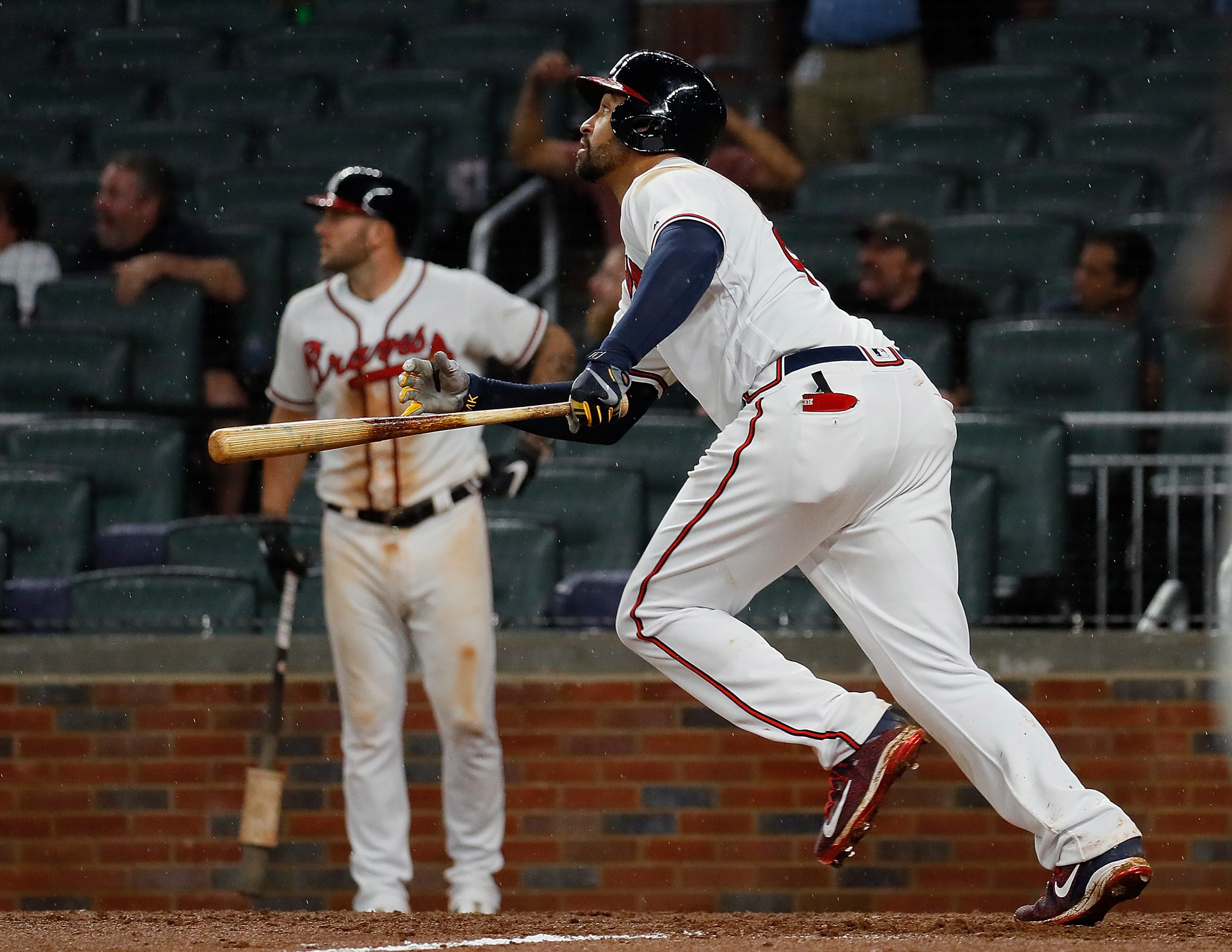 ATLANTA, GA - JUNE 21: Matt Kemp #27 of the Atlanta Braves hits a walk-off two-run homer in the 11th inning for a 5-3 win over the San Francisco Giants at SunTrust Park on June 21, 2017 in Atlanta, Georgia. (Photo by Kevin C. Cox/Getty Images)