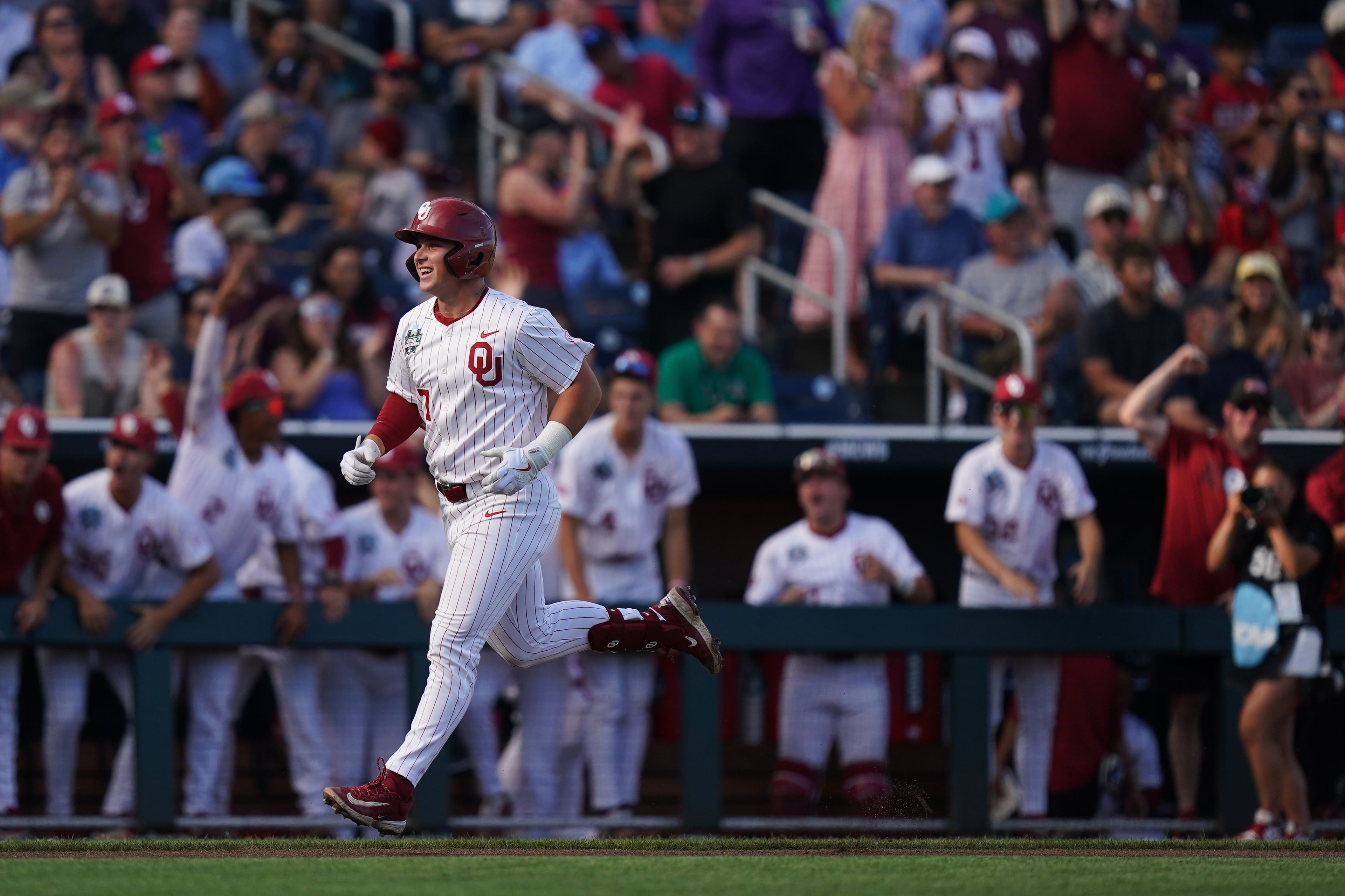 Oklahoma infielder Jaxon Willits rounds the bases after hitting a homer during a College World Series game against Georgia on Monday, June 15, 2026, in Omaha, Neb. (Vera Nieuwenhuis/AP)