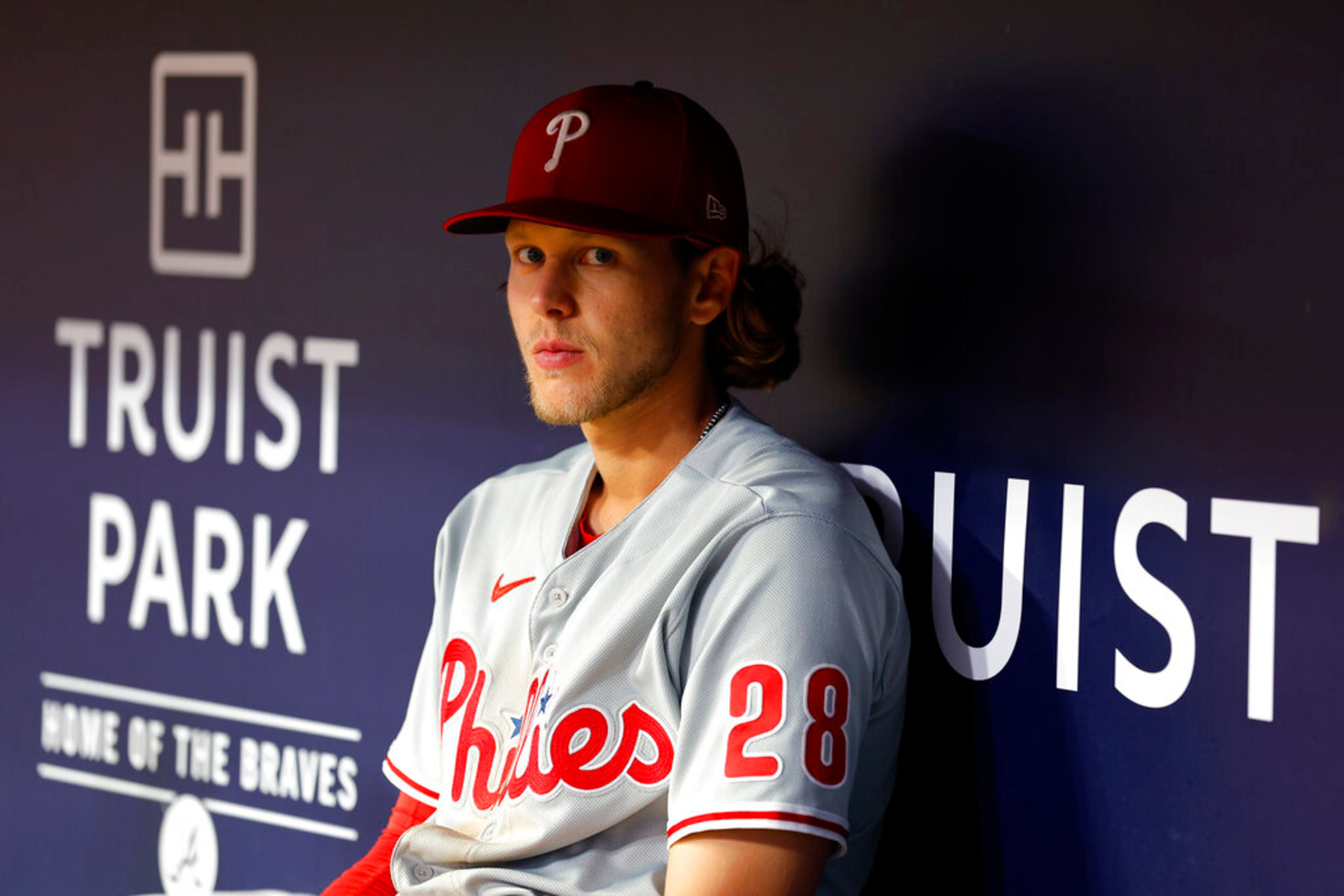 Philadelphia Phillies Alec Bohm (28) reacts at the conclusion of the Atlanta Braves 6-5 victory over the Philadelphia Phillies, Tuesday, May 24, 2022, in Atlanta. (AP Photo/Todd Kirkland)