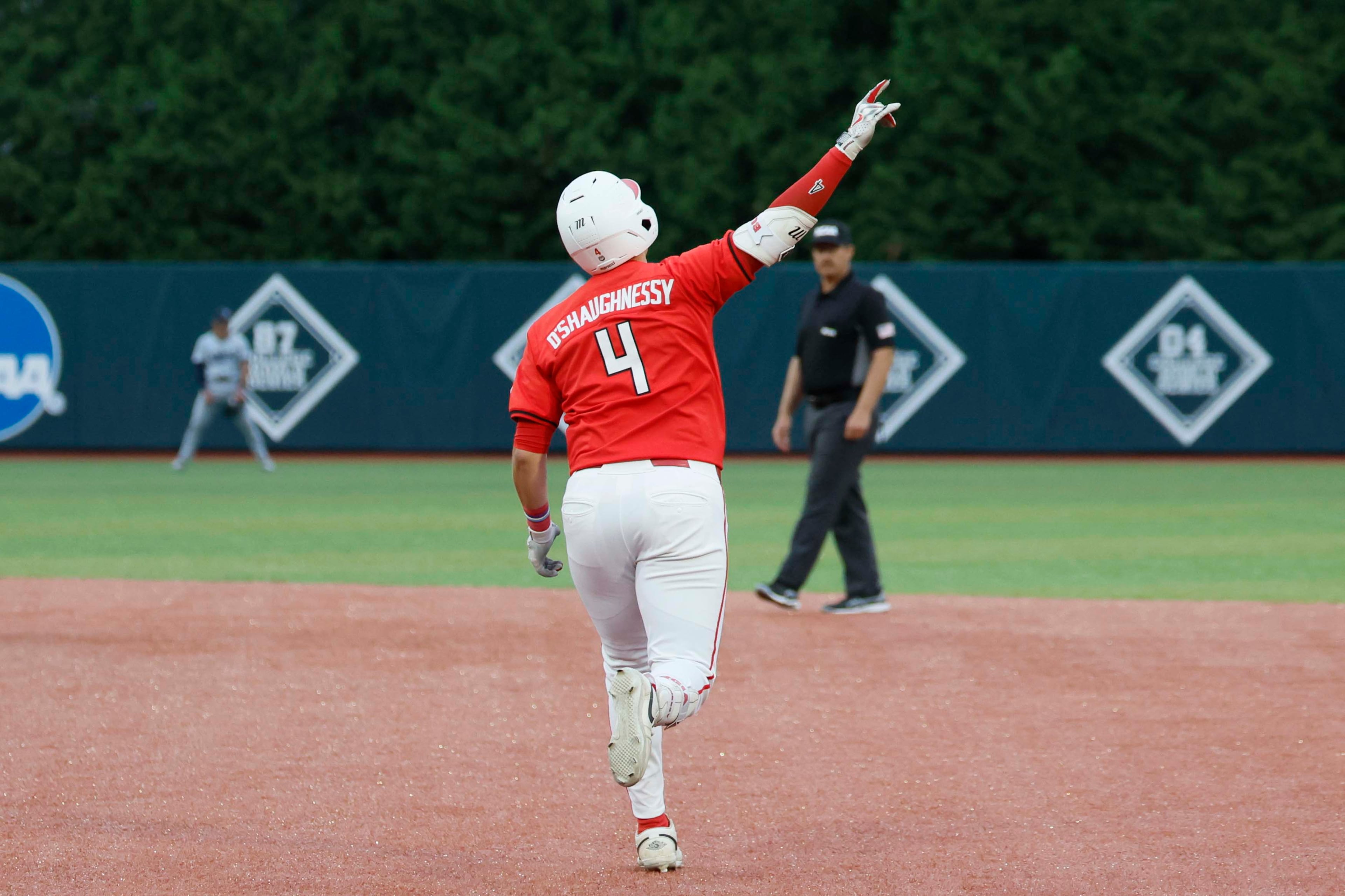 Georgia Bulldogs infielder Michael O’Shaughnessy (4) reacts as he rounds the bases after his solo home run during the eighth inning of their NCAA Regional final game at Foley Field on Sunday, May 31, 2026, in Athens. (Miguel Martinez/AJC)