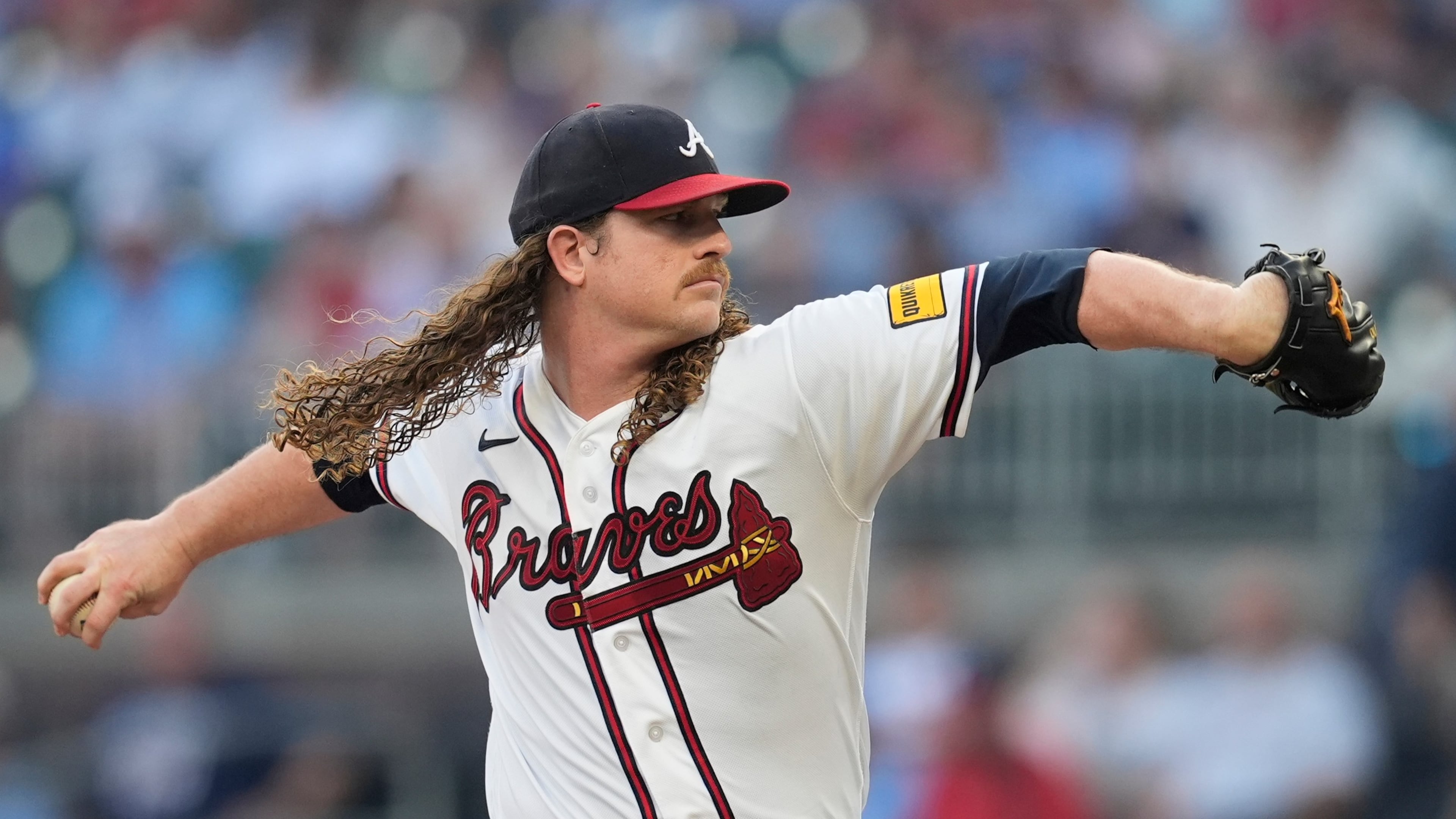 Atlanta Braves pitcher Grant Holmes (66) works from the bump against the Miami Marlins in the first inning of a baseball game, Tuesday, Aug. 4, 2026, in Atlanta. (Mike Stewart/AP)