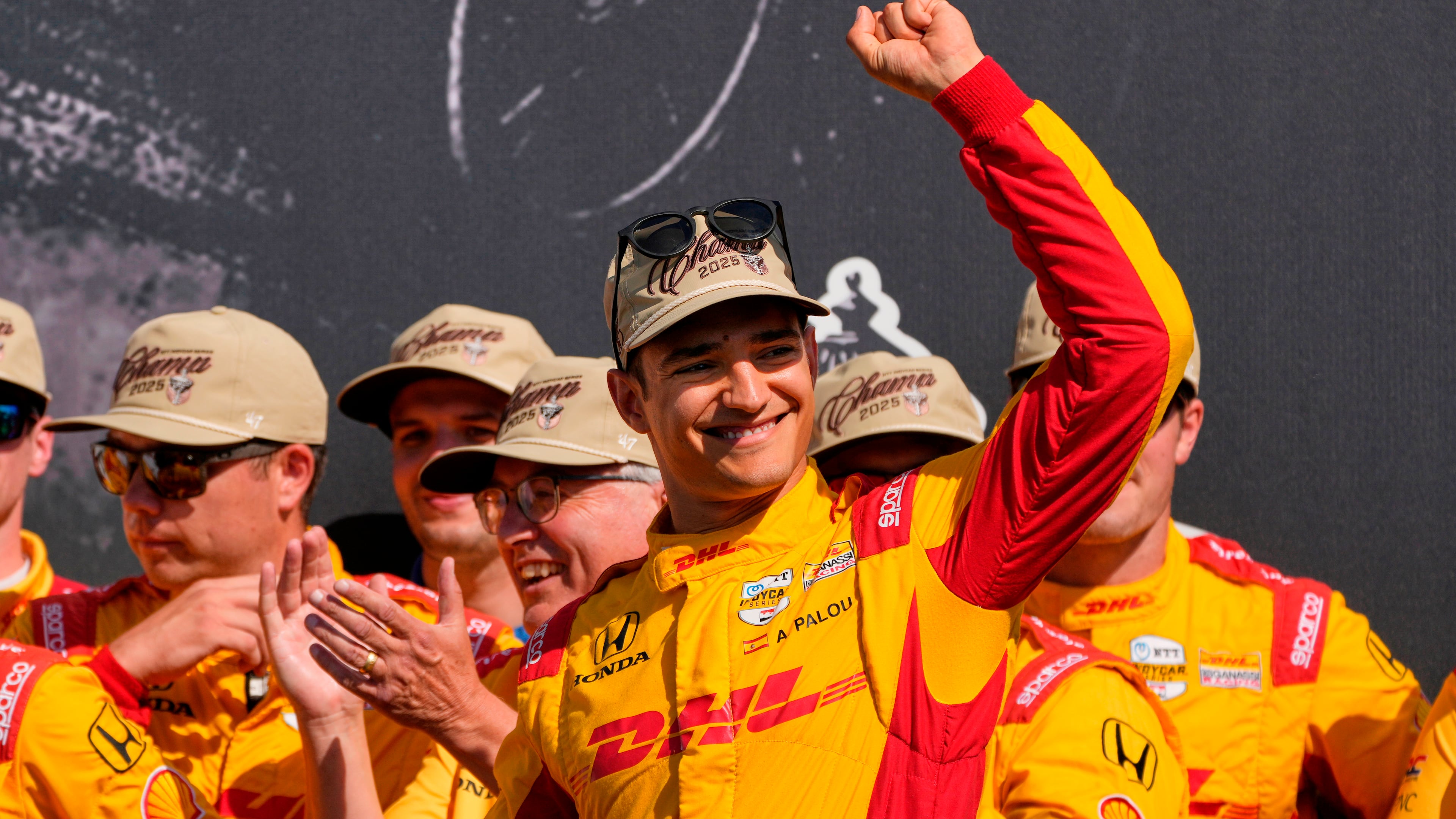FILE - Alex Palou celebrates after winning the IndyCar championship Sunday, Aug. 31, 2025, at Nashville Superspeedway in Lebanon, Tenn. (AP Photo/George Walker IV, File)