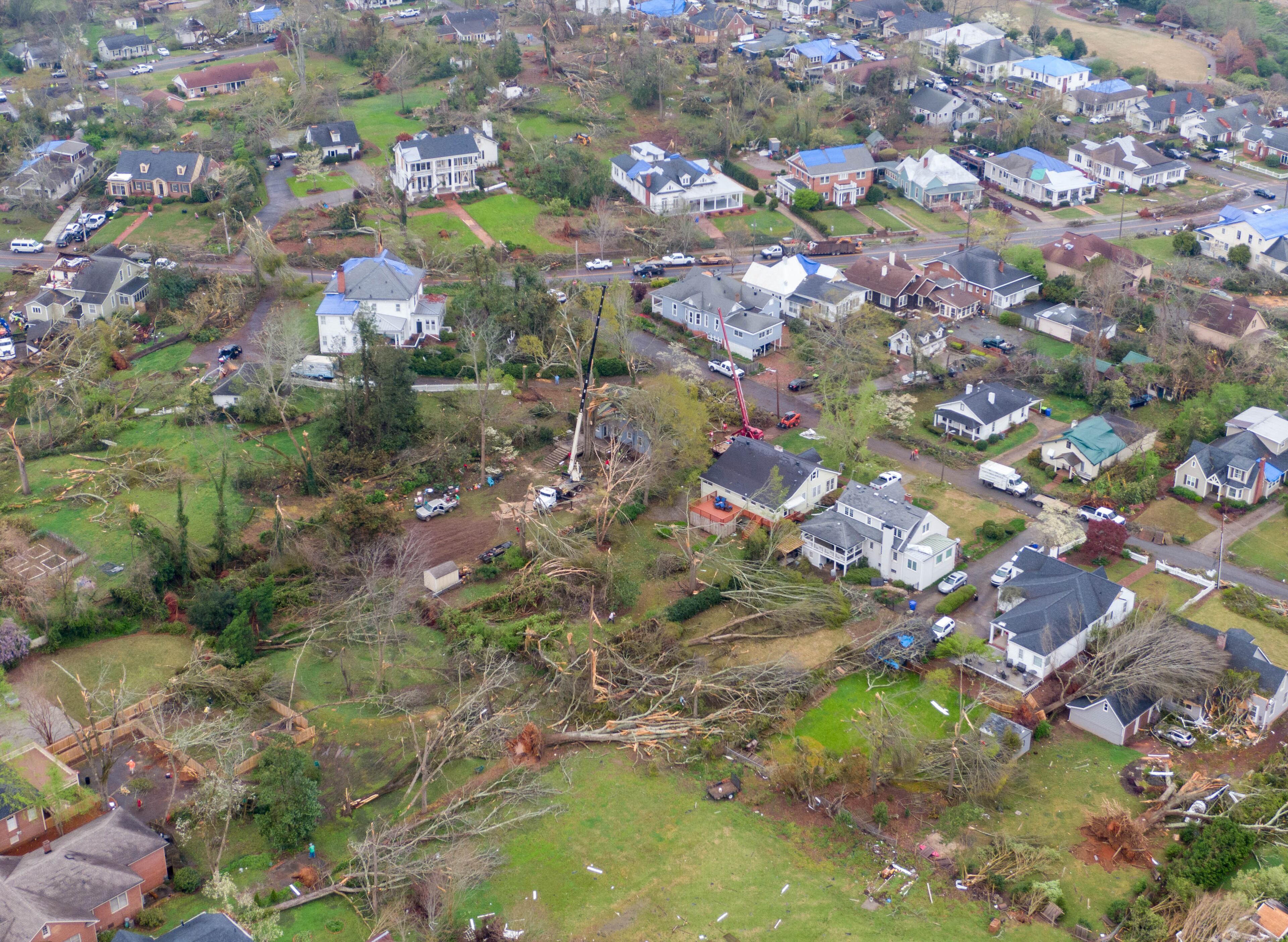 Aerial photograph taken on Saturday, March 27 shows the aftermath of the tornado that tore through the Newnan late Thursday night into Friday morning. (Hyosub Shin / Hyosub.Shin@ajc.com)