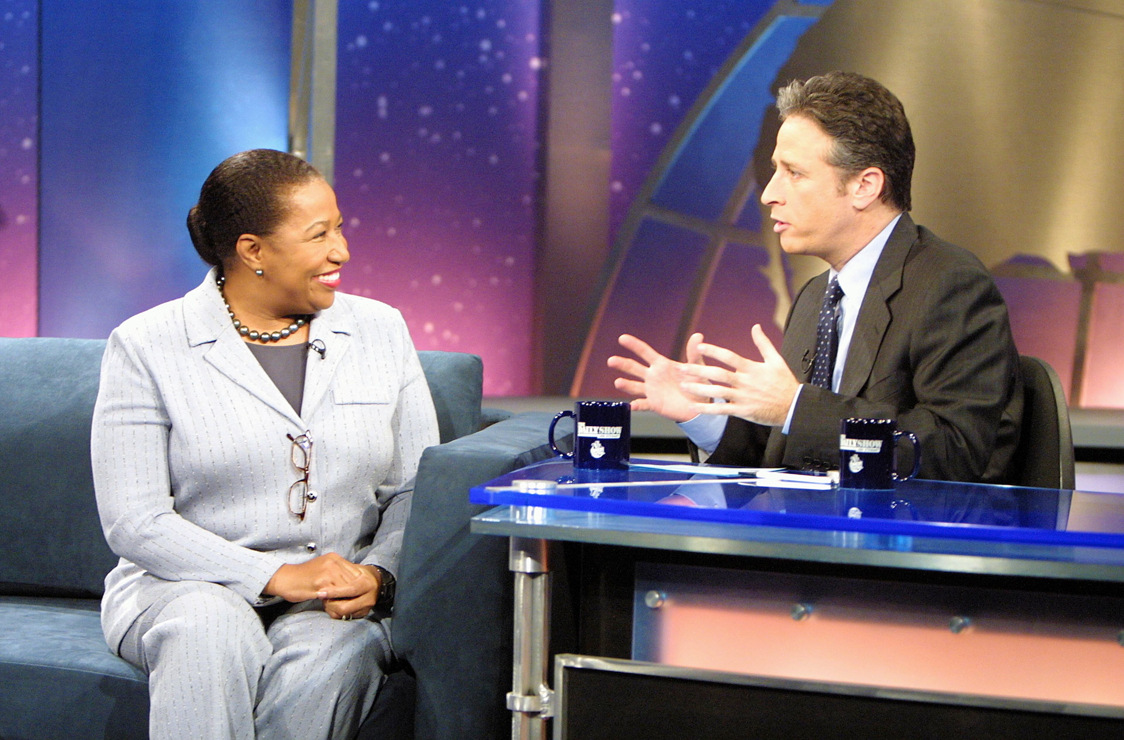 It's yet to be decided when he'll leave or what comes next for him, Stewart said. Here he interviews then-Democratic Presidential hopeful Carol Moseley Braun during "The Daily Show With Jon Stewart" at the Daily Show Studios January 14, 2004 in New York City. (Photo by Scott Gries/Getty Images)