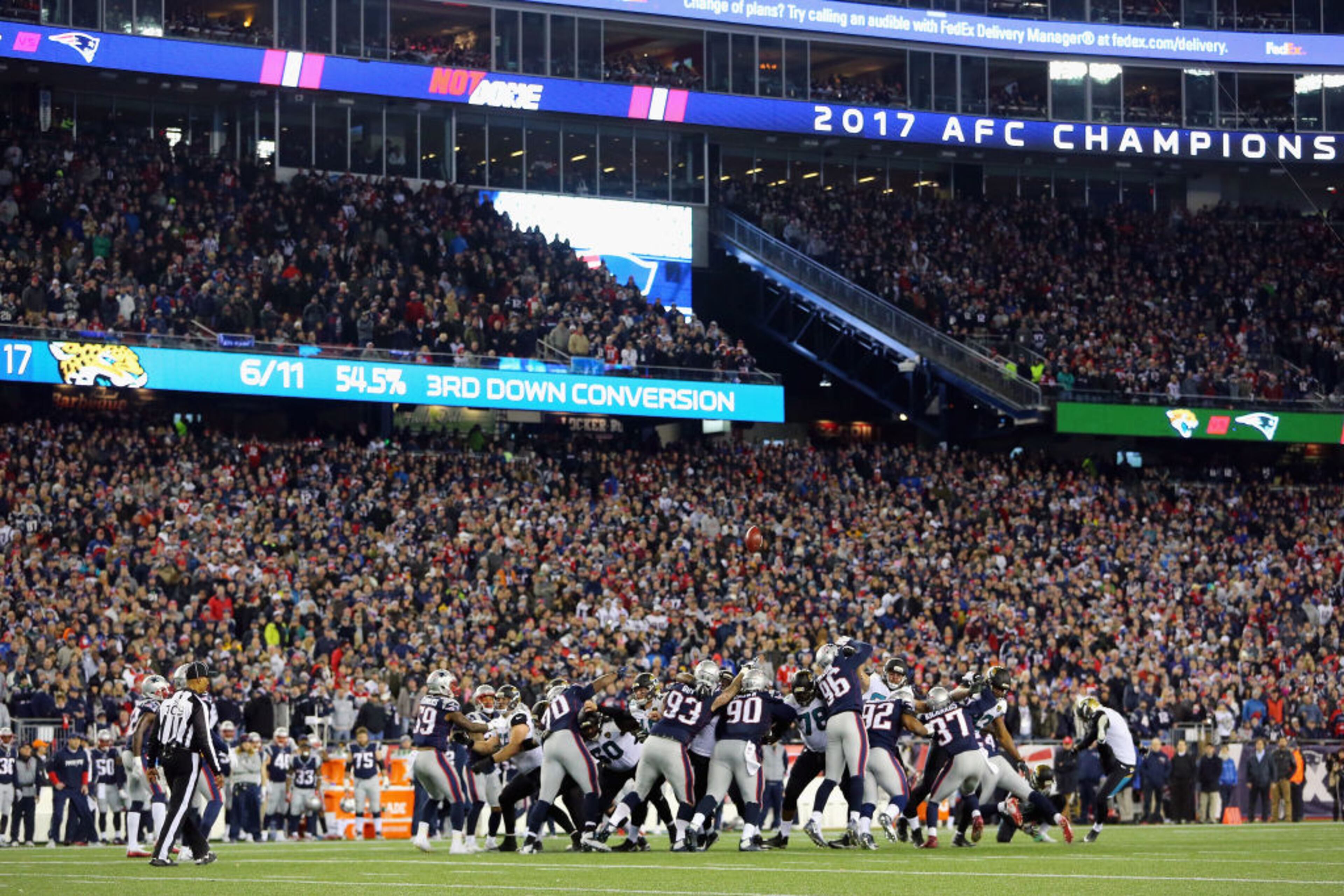 FOXBOROUGH, MA - JANUARY 21: Josh Lambo #4 of the Jacksonville Jaguars kicks a field goal in the second half during the AFC Championship Game against the New England Patriots at Gillette Stadium on January 21, 2018 in Foxborough, Massachusetts. (Photo by Adam Glanzman/Getty Images)