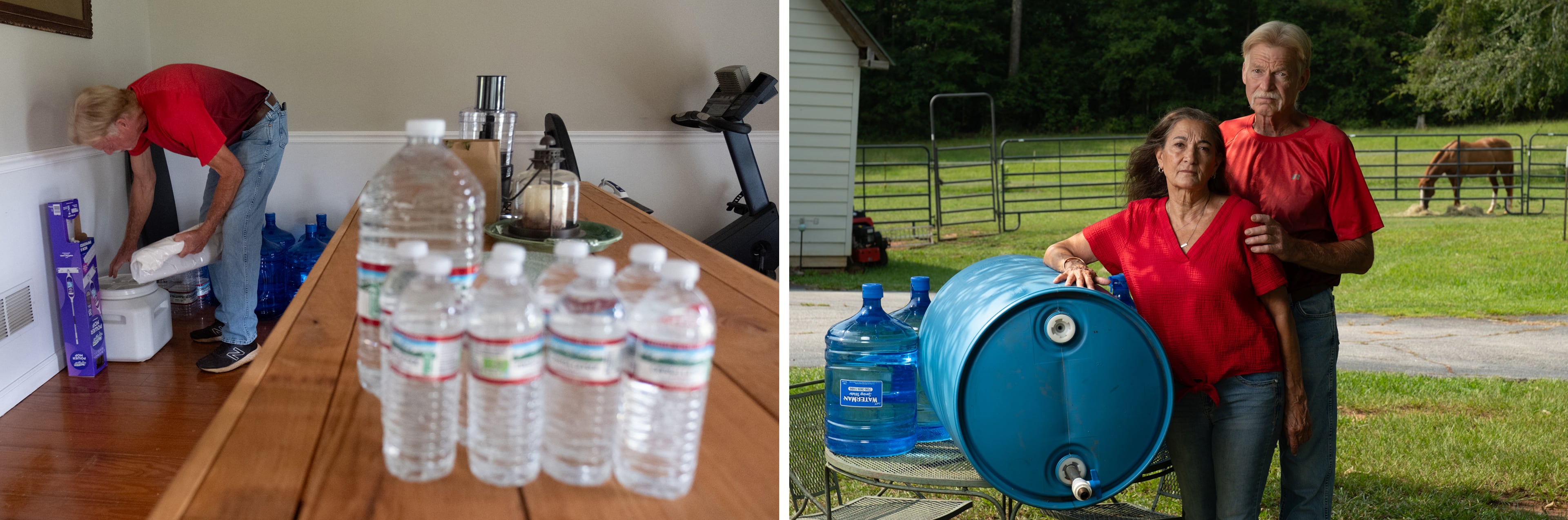 At left, drinking water sits on the table and against the wall as Jeff Morris grabs some dog food at the Mansfield home he shares with his wife Beverly. At right, the couple now must bring in 55 gallons of water every day for their two horses and about 50 gallons a month for their own drinking, cooking and cleaning. (Ben Gray for the AJC)