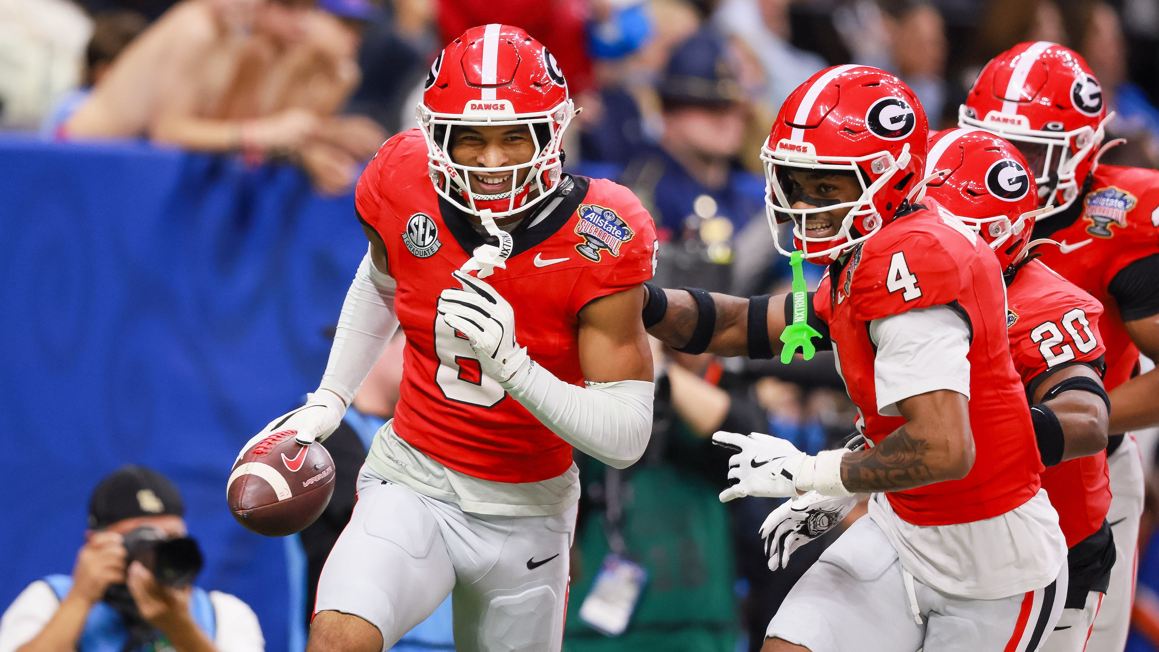 Bulldogs defensive back Daylen Everette (left) celebrates a fumble recovery for a 47-yard touchdown against the Ole Miss Rebels during the Sugar Bowl at the Caesars Superdome on Thursday, Jan. 1, 2026, in New Orleans. Everette was one of Pittsburgh’s three third-round picks. (Jason Getz/AJC)