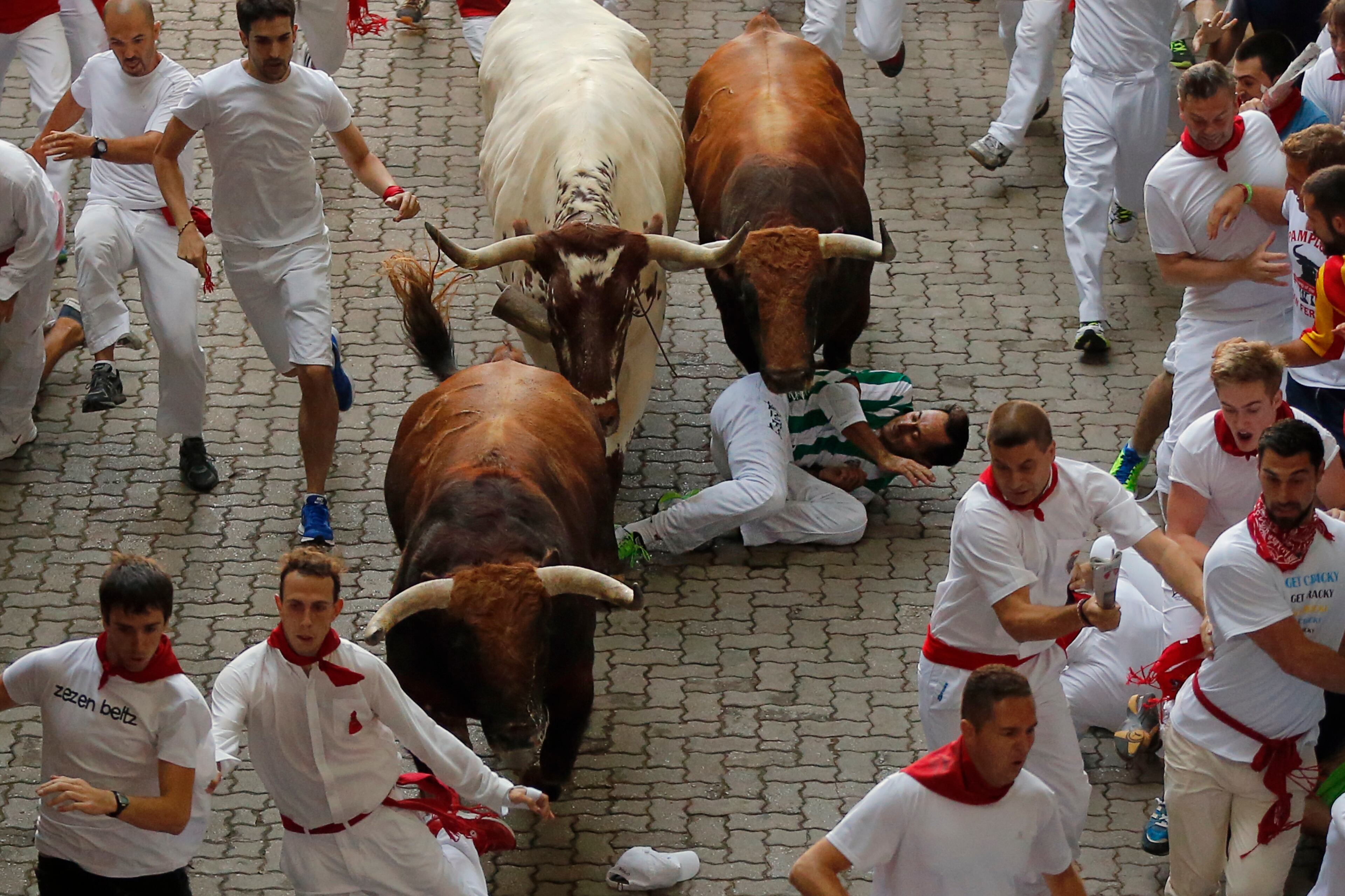 A reveler falls while others run with a Jandilla's ranch fighting bull during the running of the bulls of the San Fermin festival in Pamplona, Spain, Tuesday, July 7, 2015. Revelers from around the world turned out here to kick off the festival with a messy party in the Pamplona town square, one day before the first of eight days of the running of the bulls. (AP Photo/Daniel Ochoa de Olza)