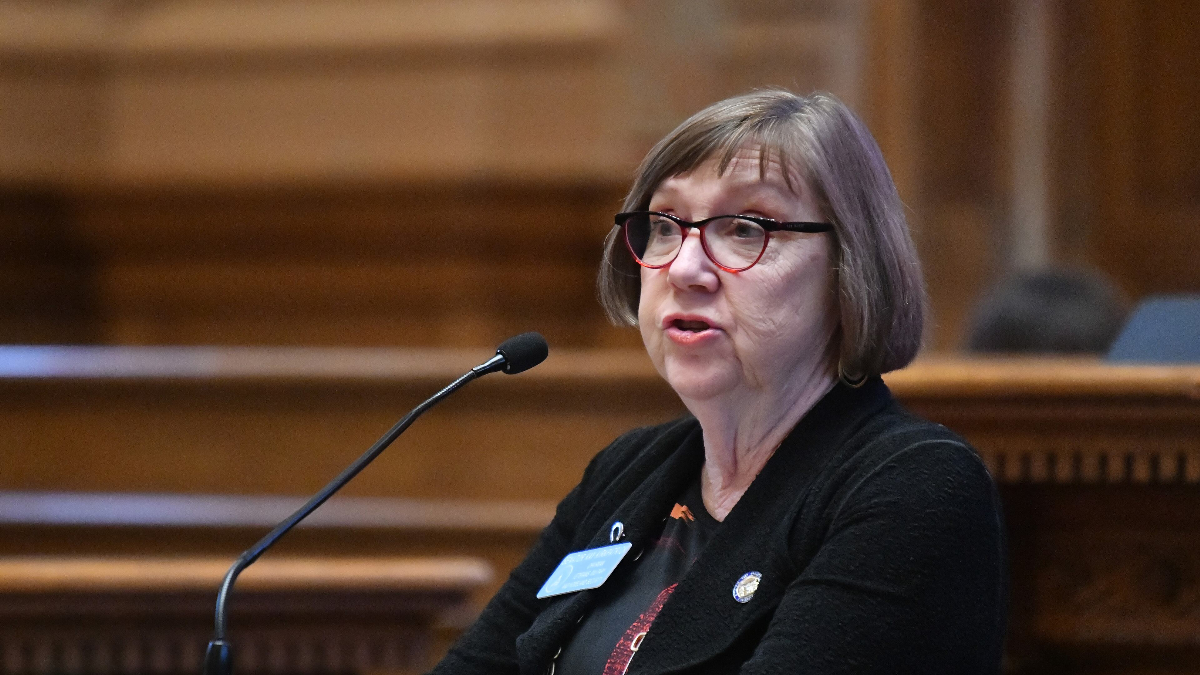 February 24, 2022 Atlanta - Sen. Kay Kirkpatrick (R-Marietta) in the Senate Chambers at the Georgia State Capitol on Thursday, February 24, 2022. Kirkpatrick sponsored a bill in 2023 to prohibit superior court clerks from pocketing passport fees as personal compensation. (Hyosub Shin / Hyosub.Shin@ajc.com)