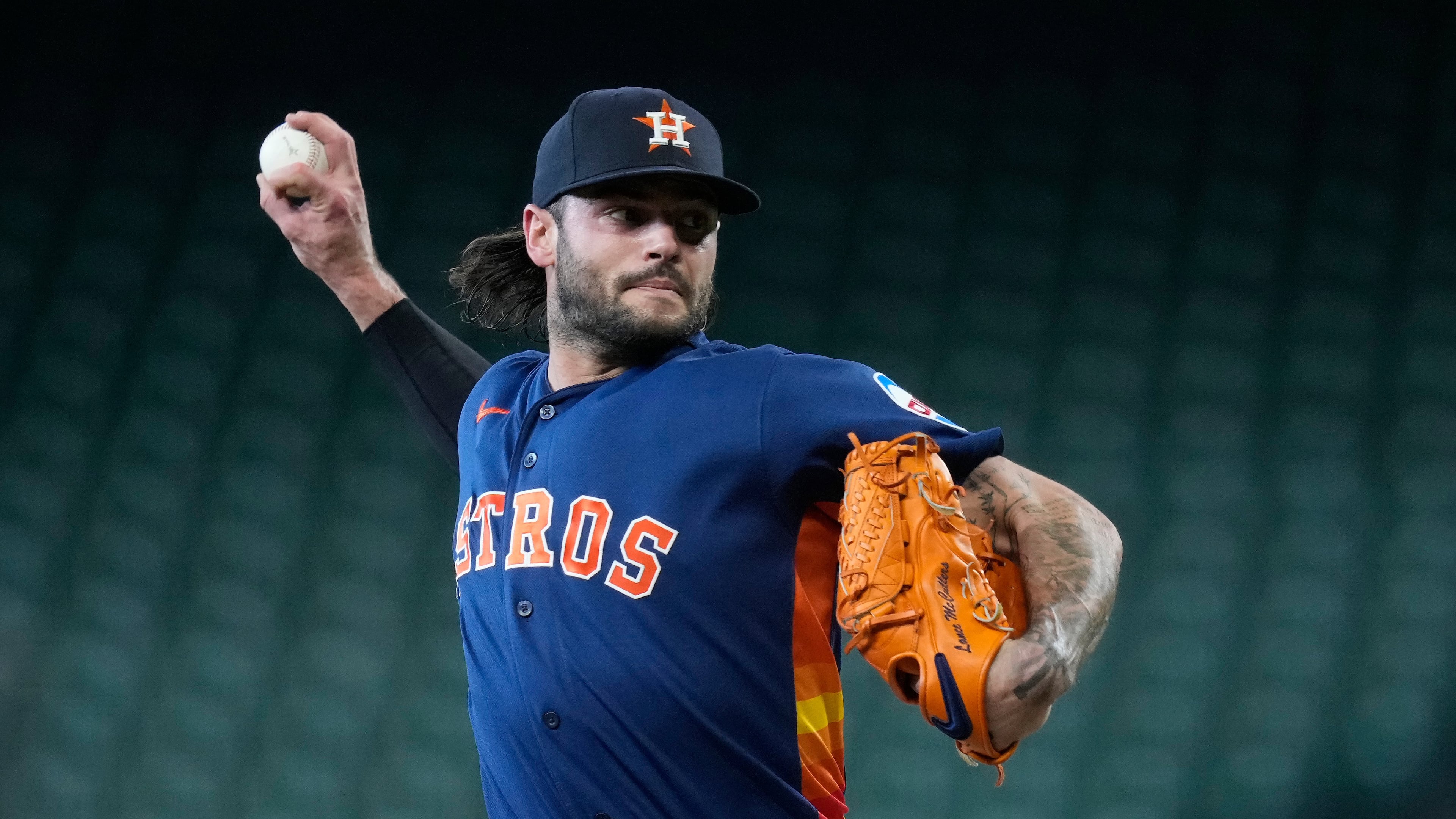 FILE - Lance McCullers Jr. of the Houston Astros throws to live batters before a baseball game against the Cleveland Guardians, June 19, 2026, in Houston. (AP Photo/Kevin M. Cox, File)