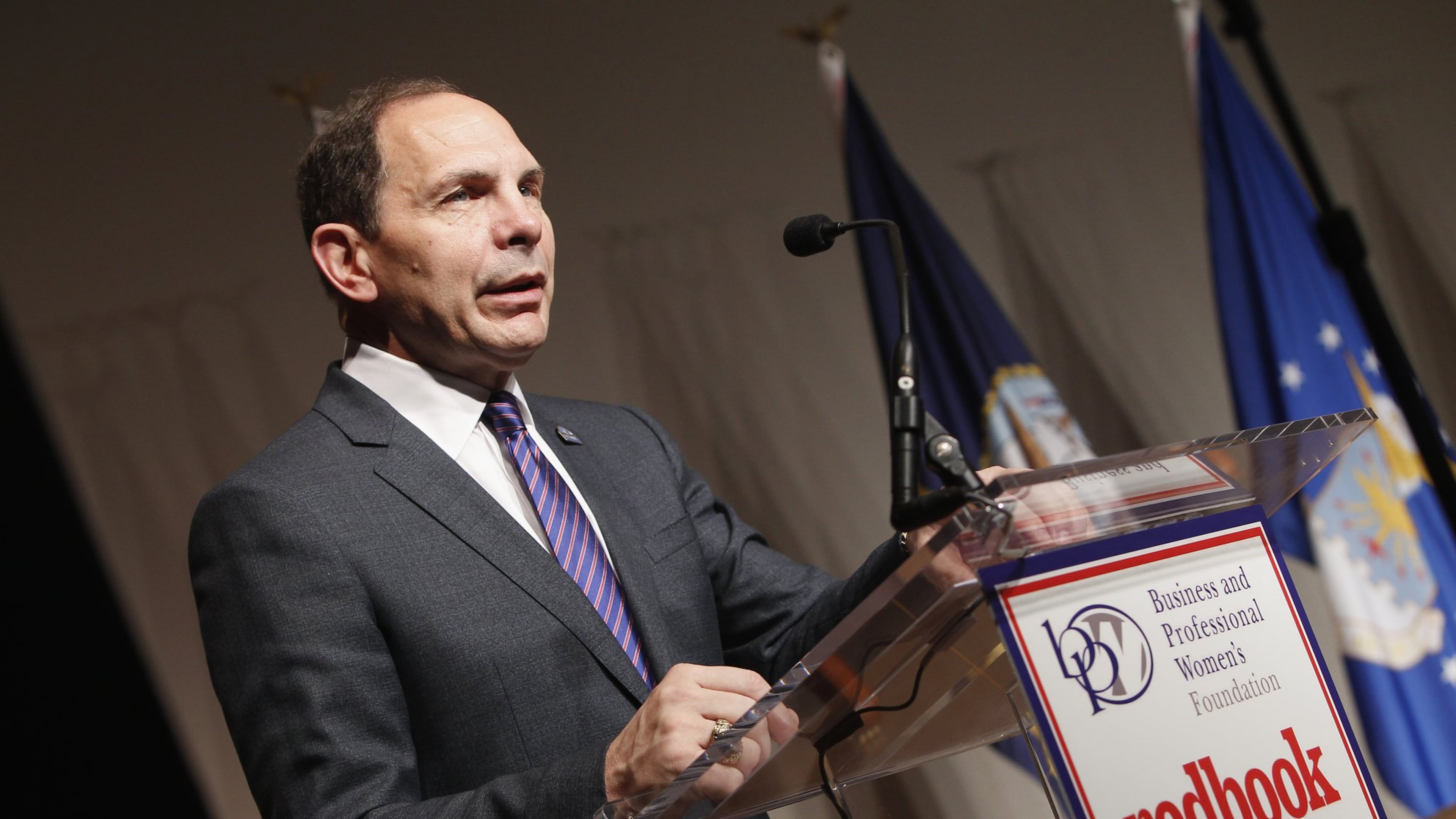 Robert A. McDonald, U.S. Army Veteran, U.S. Secretary of Veterans Affairs speaks on stage during the Women Veterans Career Development Forum at Women in Military Service for America Memorial on Monday in Arlington, Va. PAUL MORIGI / GETTY IMAGES FOR BPW FOUNDATION