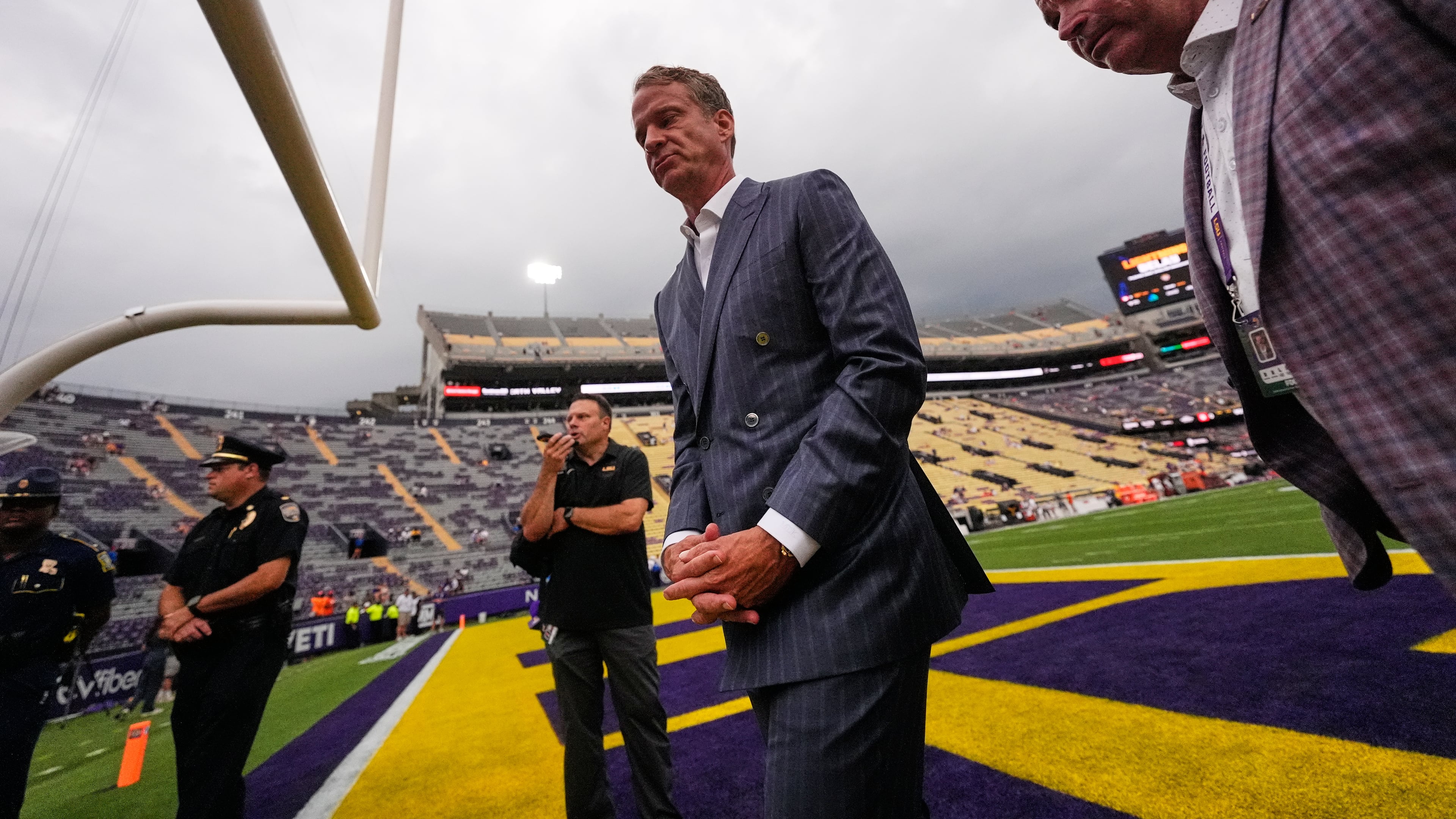 LSU head coach Lane Kiffin talks on the field before an NCAA college football game against Clemson, Saturday, Sept. 5, 2026 in Baton Rouge, La. (AP Photo/Gerald Herbert)