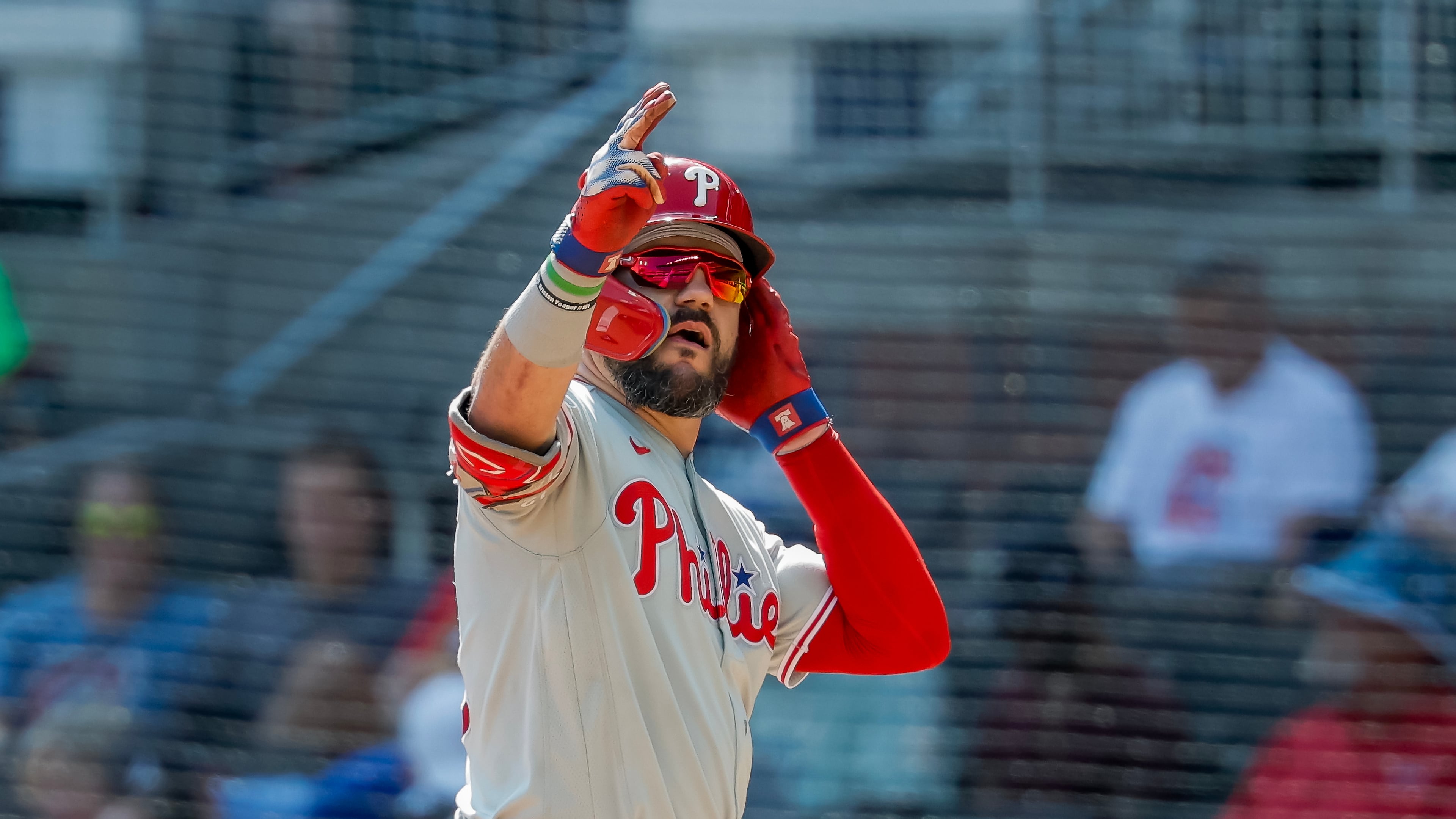 Philadelphia Phillies designated hitter Kyle Schwarber reacts after hitting a two-run single against the Atlanta Braves during the eighth inning of a baseball game, Sunday, Sept. 13, 2026, in Atlanta. (AP Photo/Erik S. Lesser)
