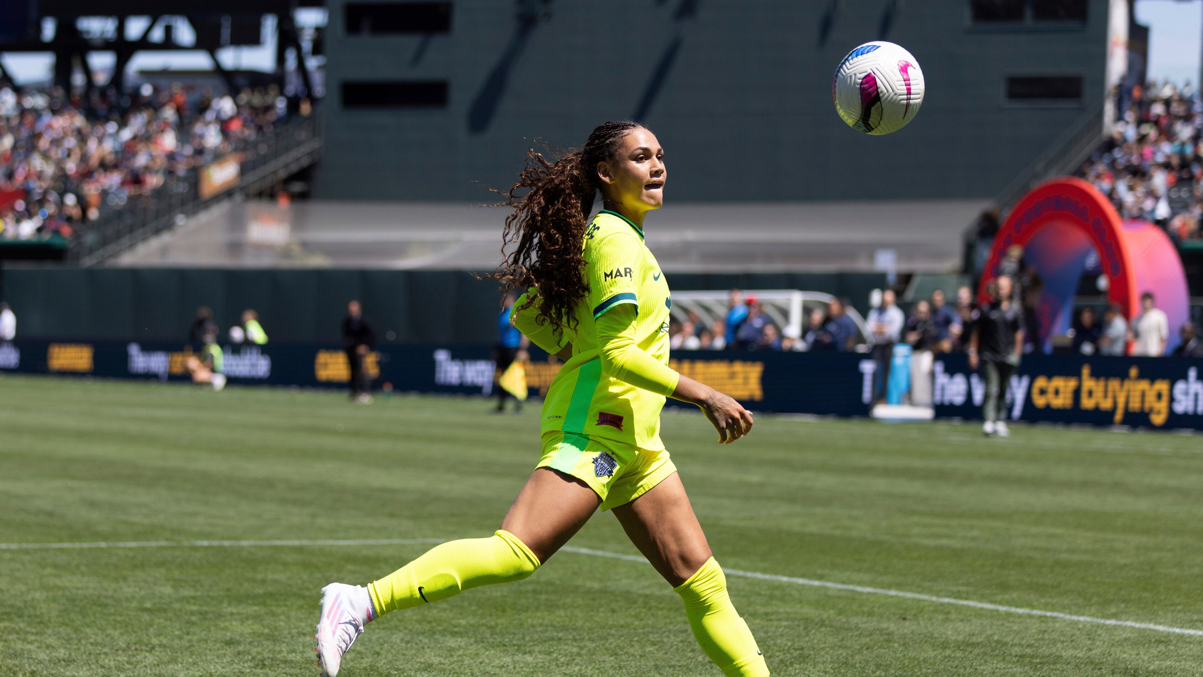 FILE - Washington Spirit's forward Trinity Rodman runs for a ball during the first half of a NWSL soccer match against Bay FC on Saturday, Aug. 23, 2025, in San Francisco. (AP Photo/Benjamin Fanjoy, File)