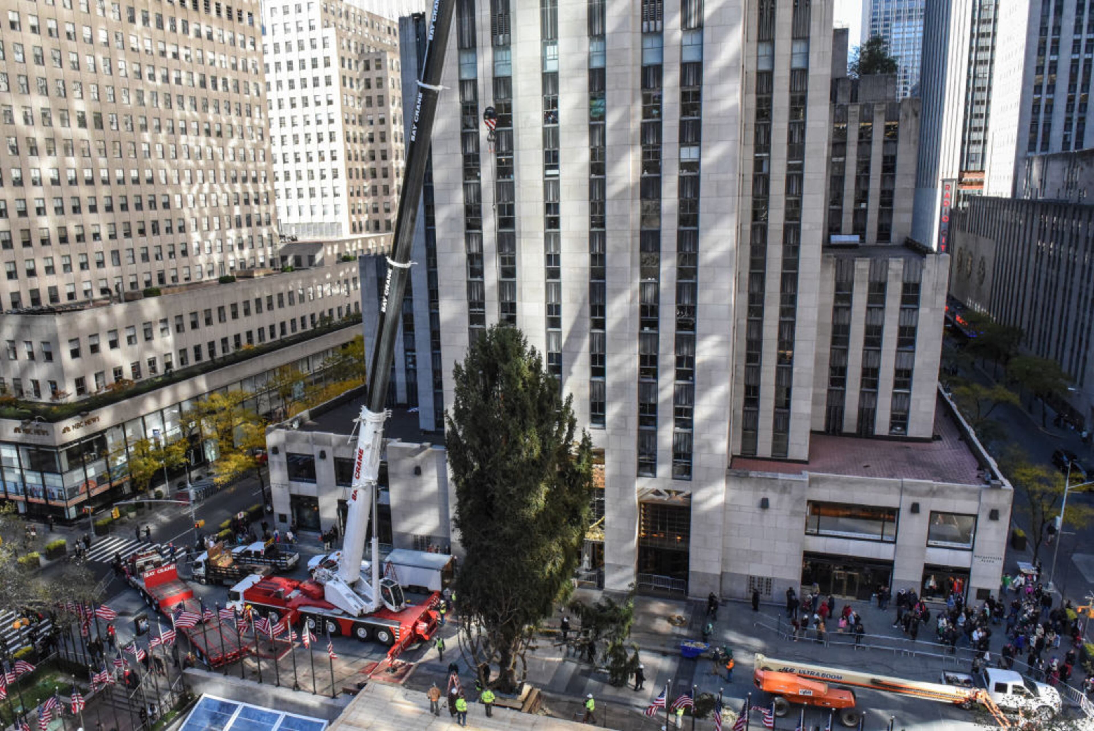 NEW YORK, NY - NOVEMBER 11: A crane hoists the Rockefeller Center tree upright on November 11, 2017 in New York City. The 75-foot Norway Spruce from State College, Pennsylvania will become the 86th Christmas tree to grace the plaza. (Photo by Stephanie Keith/Getty Images)