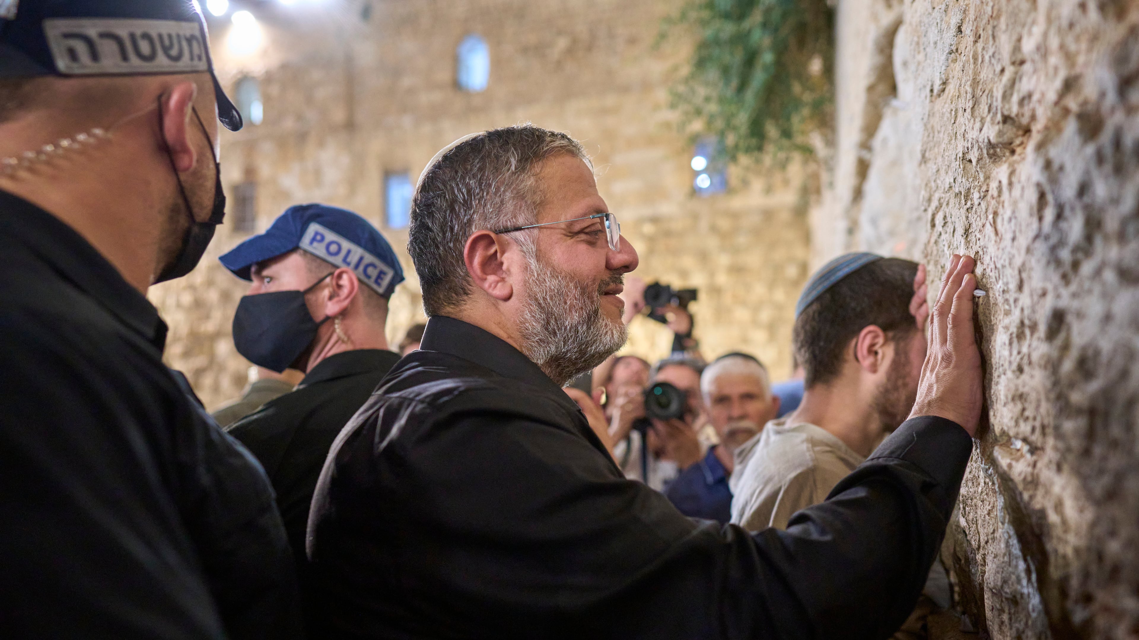 Israel's Minister of National Security, Itamar Ben-Gvir, prays during the mourning ritual of Tisha B'Av at the Western Wall, Judaism's holiest site, in Jerusalem's Old City, Wednesday, July 22, 2026. (AP Photo/Ohad Zwigenberg)