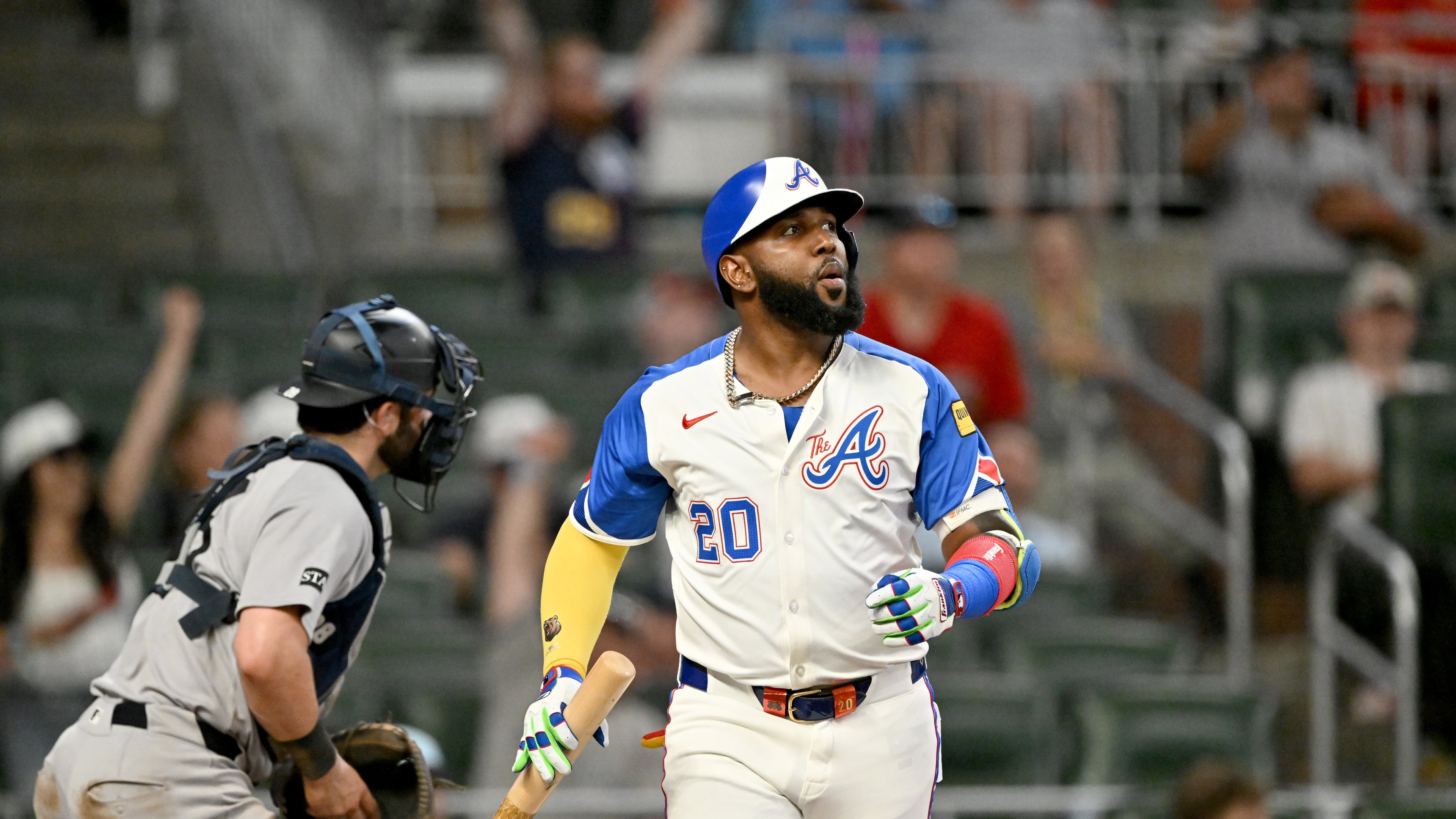Atlanta Braves designated hitter Marcell Ozuna reacts after striking out to end the ninth inning of a baseball game at Truist Park, Saturday, July 19, 2025. (Hyosub Shin/AJC)