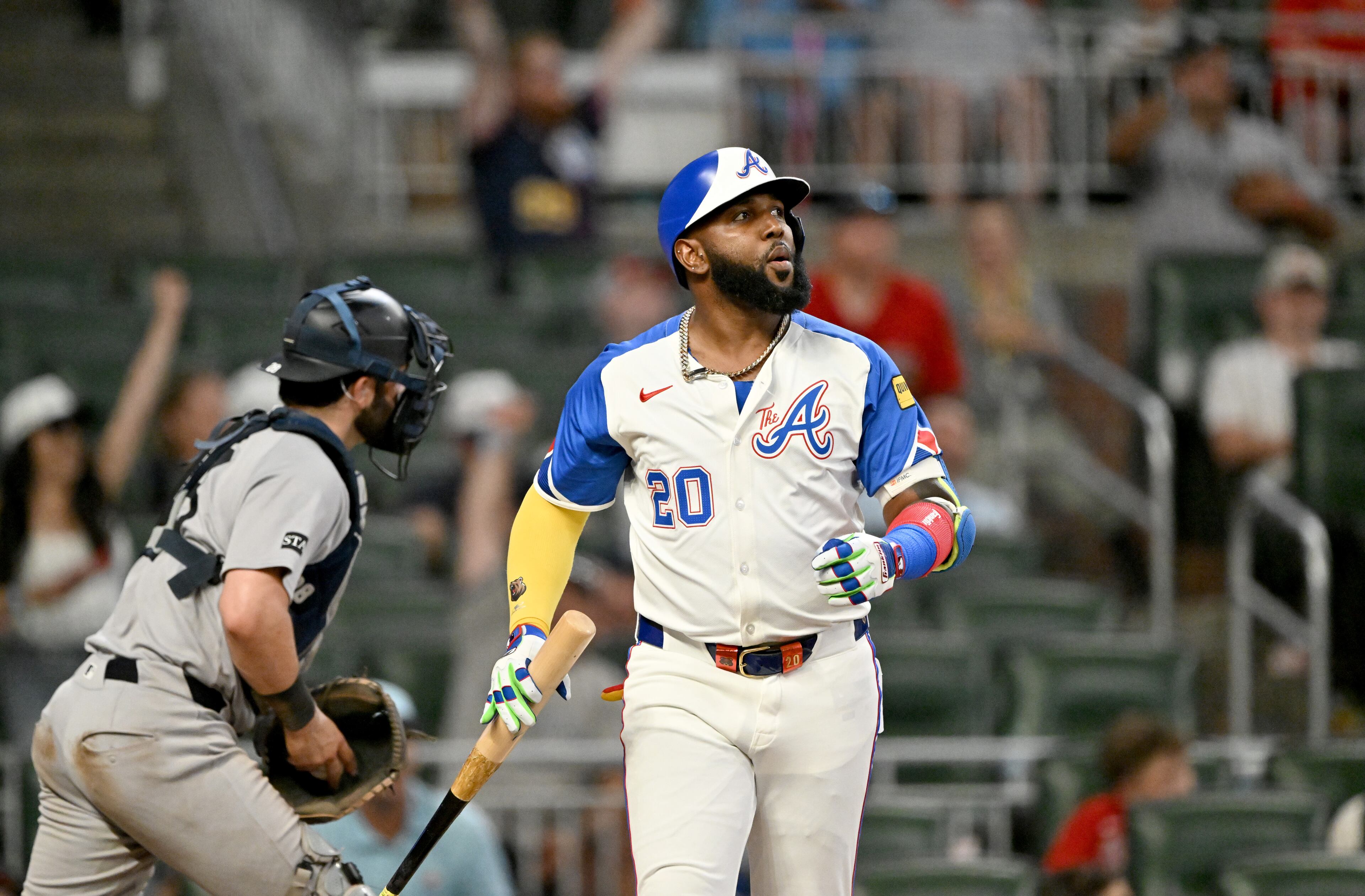 Atlanta Braves designated hitter Marcell Ozuna (20) reacts after striking out to end the ninth inning of a baseball game at Truist Park, Saturday, July 19, 2025, in Atlanta. New York Yankees won 12-9 over Atlanta Braves. (Hyosub Shin / AJC)