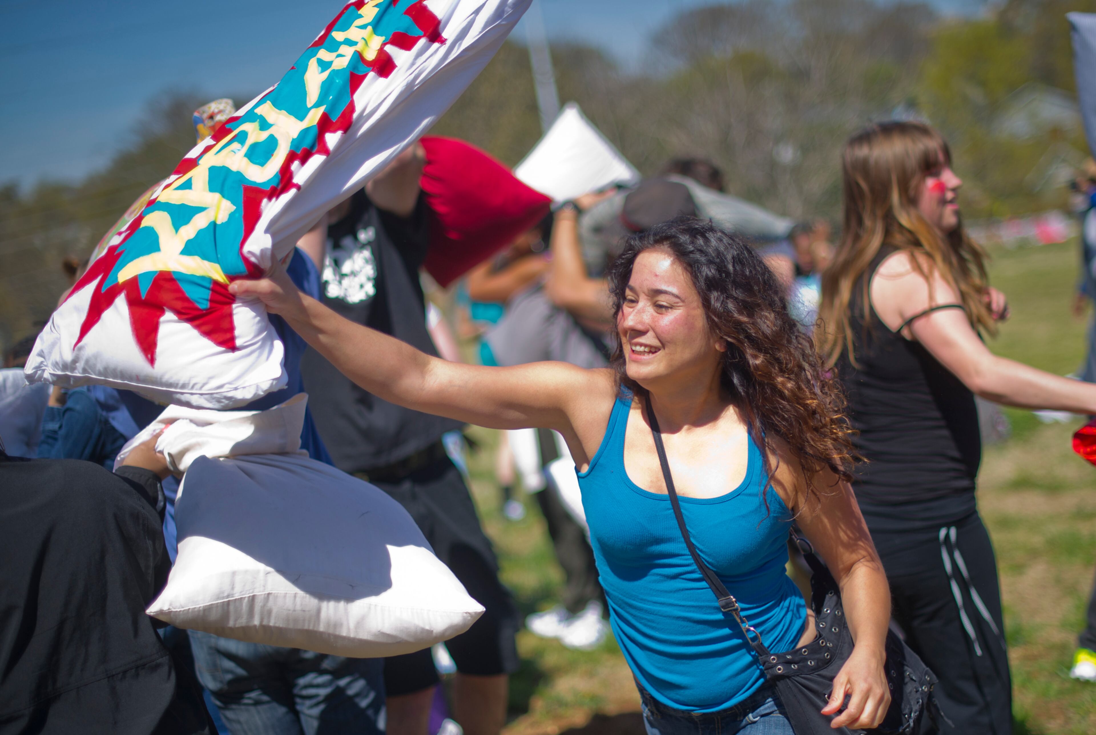 Shannon Byrne (center) battles it out with a pillow.