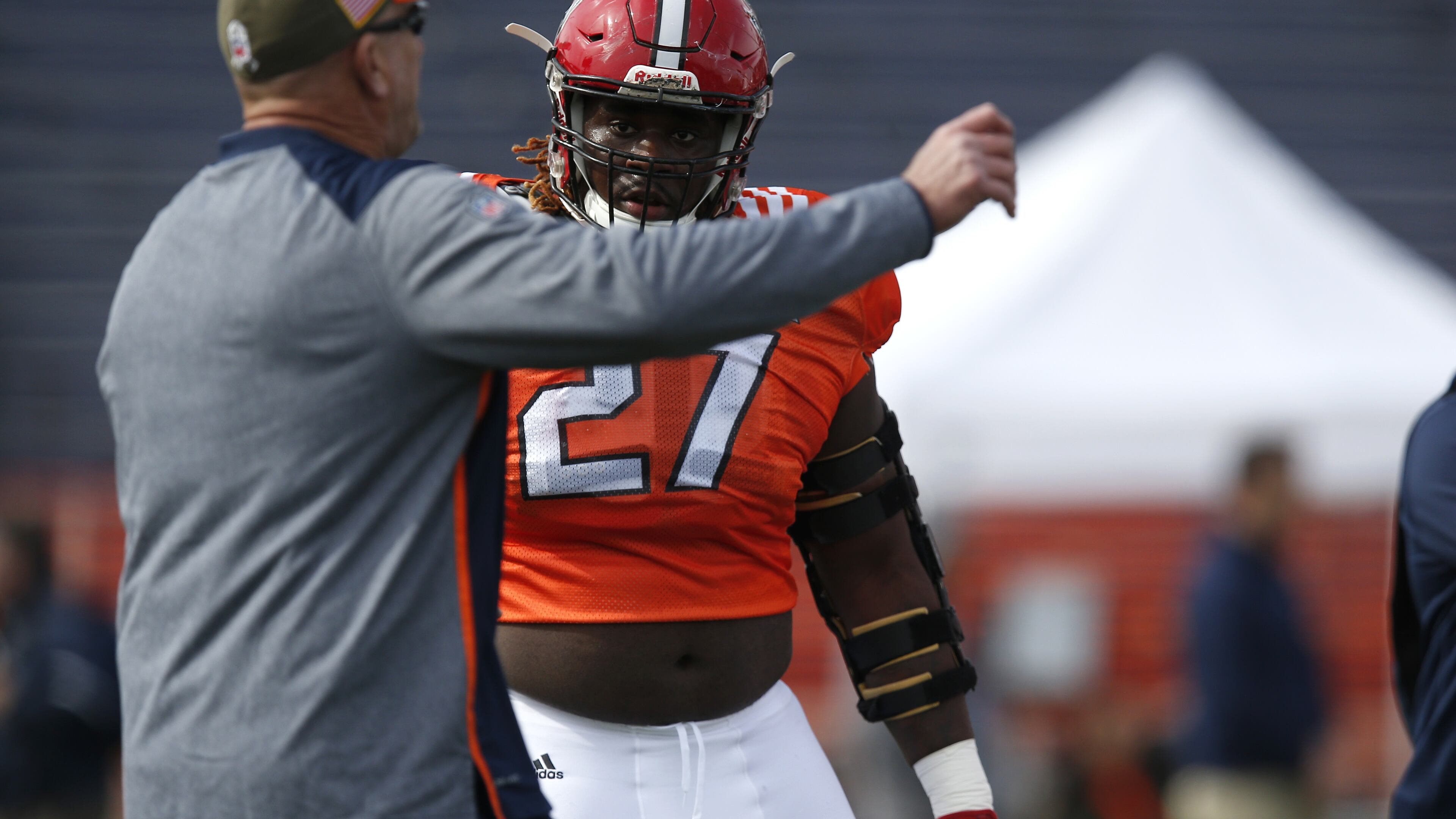 North squad defensive tackle Justin Jones of North Carolina State listens to a coach during the North teams practice for Saturday's Senior Bowl college football game in Mobile, Ala.,Wednesday, Jan. 24, 2018. (AP Photo/Brynn Anderson)