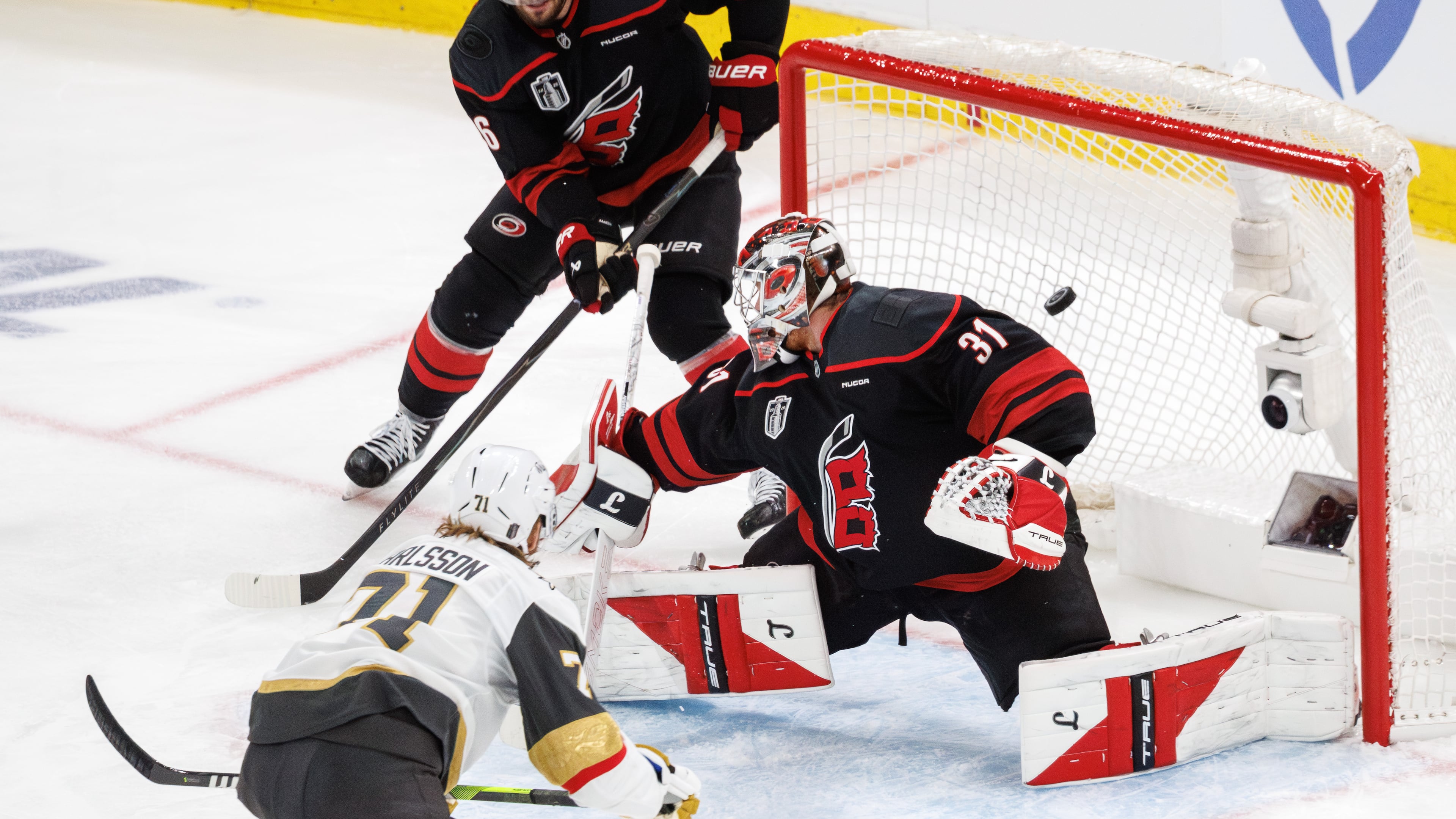 Vegas Golden Knights' William Karlsson (71) scores a goal past Carolina Hurricanes' Frederik Andersen (31) during the second period of Game 1 of the NHL hockey Stanley Cup Final series in Raleigh, N.C., Tuesday, June 2, 2026. (AP Photo/Ben McKeown)