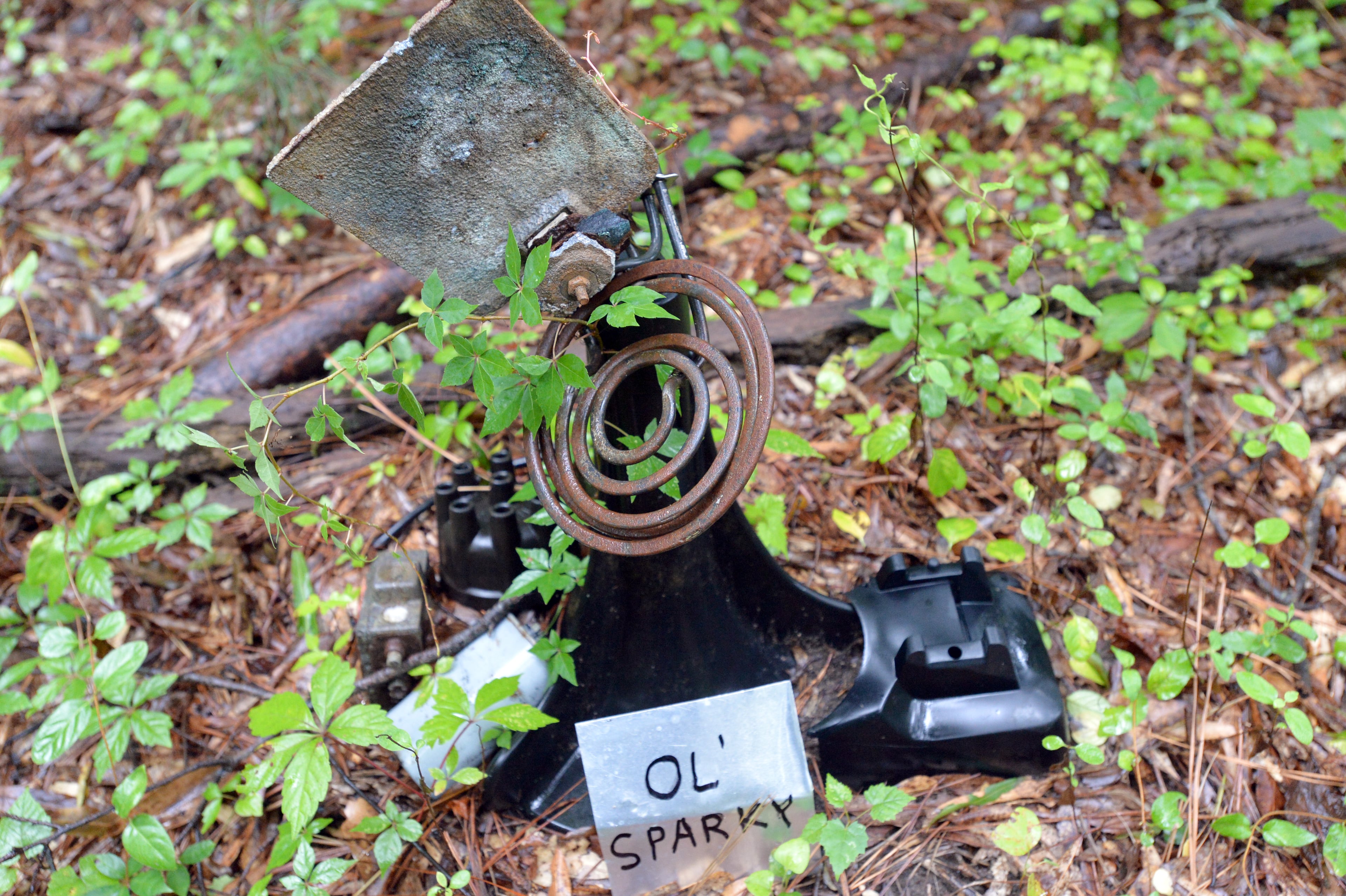 July 19, 2014 Atlanta - Picture shows one of "found art" pieces at Dolls Head Trail on Saturday, July 19, 2014. Personal Journey on Joel Slaton, a carpenter who dealt with being underemployed about three years ago by wandering through on Constitution Lakes Park in Southwest DeKalb. He started picking up garbage that had been dumped off there for years and created a series of whimsical and creepy "found art" pieces, along a literally off-the-beaten path area he dubbed "Dolls Head Trail." The park itself has only existed for about five years -- it's in an industrial area, on the site of what was once an old brickworks plant and near the old prison farm. HYOSUB SHIN / HSHIN@AJC.COM