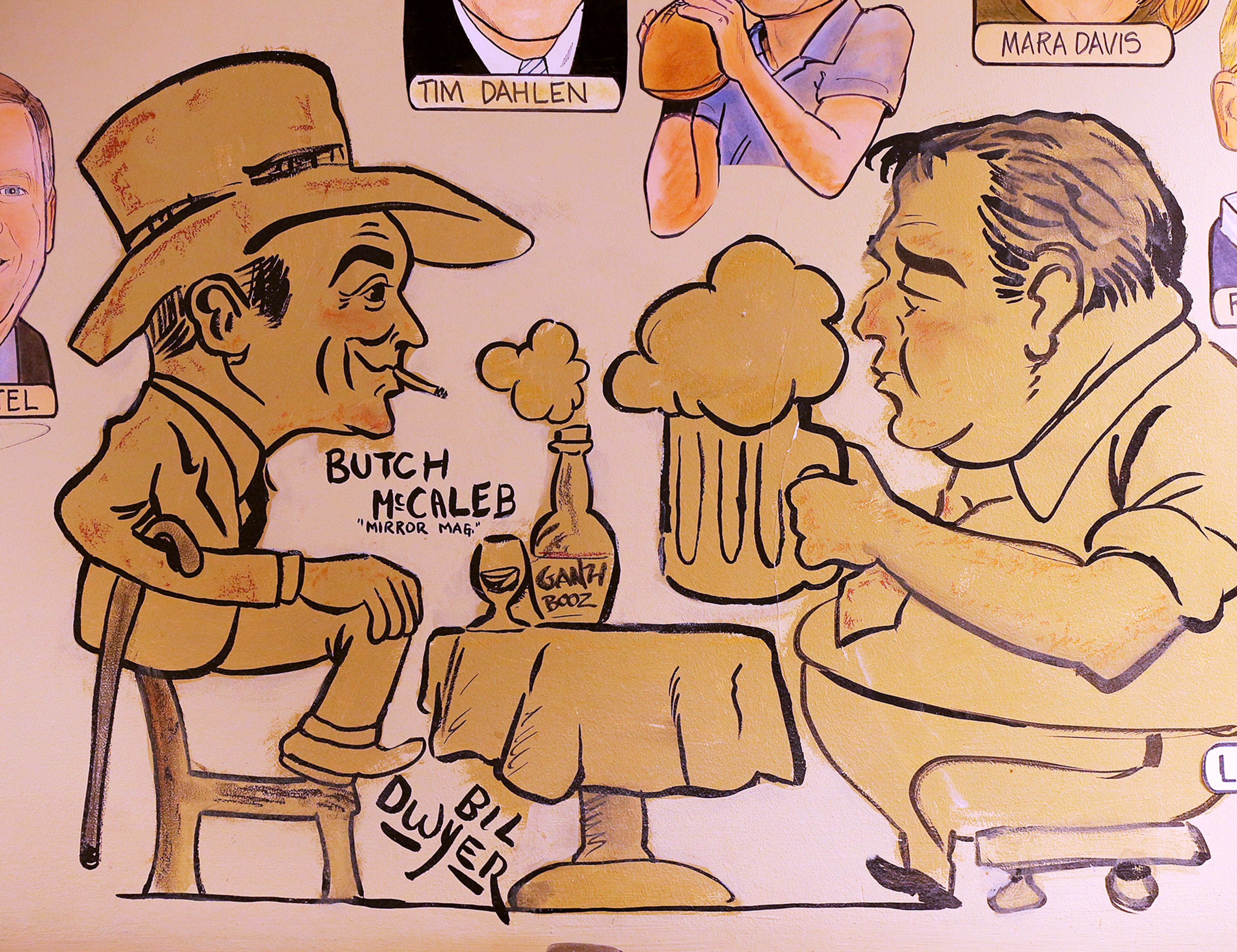 Comedian Bill Dwyer by artist Zack Bird on the wall at the Palm restaurant in the Westin Hotel on Peachtree Street in Atlanta. Curtis Compton / ccompton@ajc.com