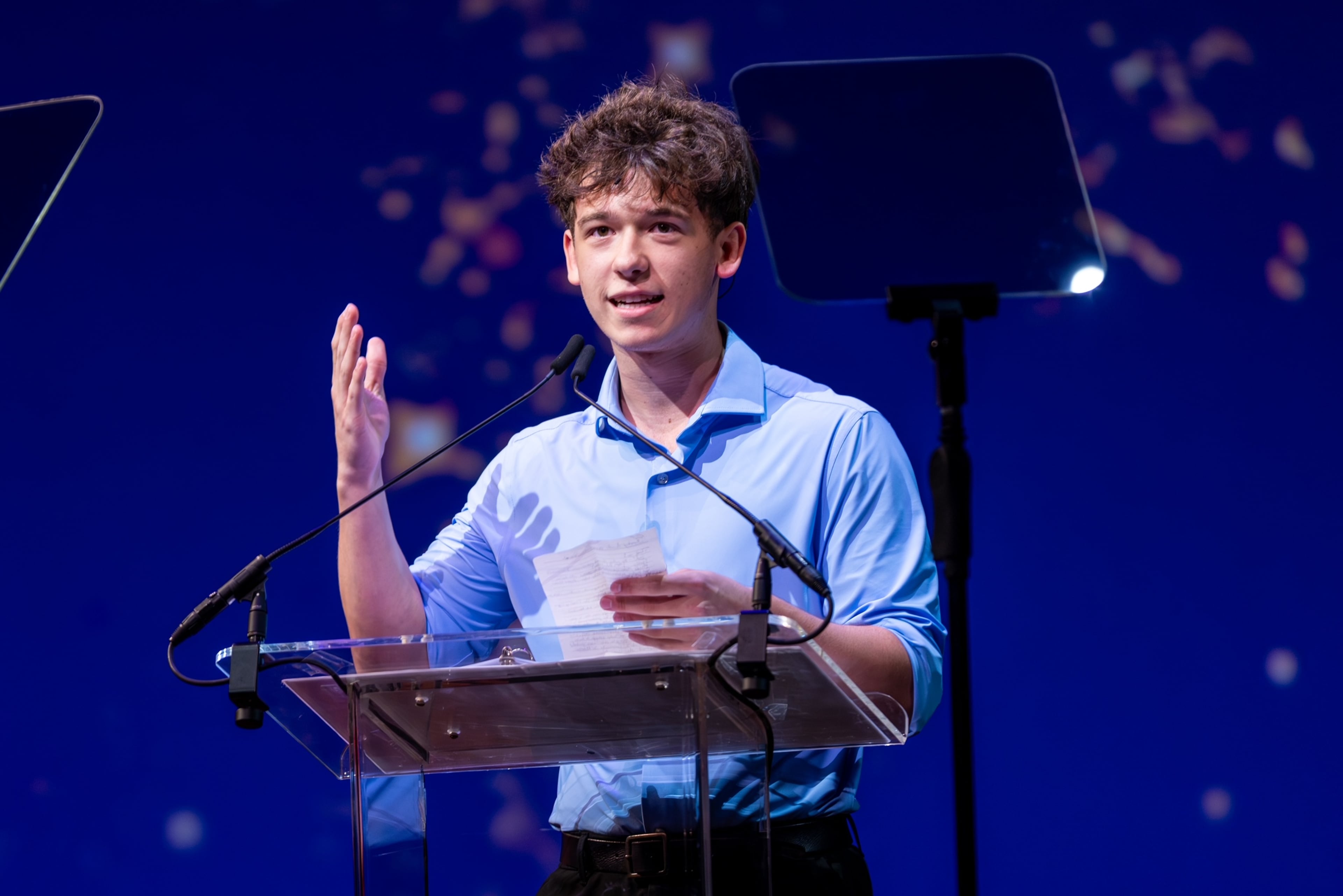 Milton's Jake James gives his acceptance speech Monday, June 22, 2026, after winning the Jimmy Award for Best Leading Actor at Broadway’s Minskoff Theatre. (Courtesy of Tricia Baron/Jimmy Awards)