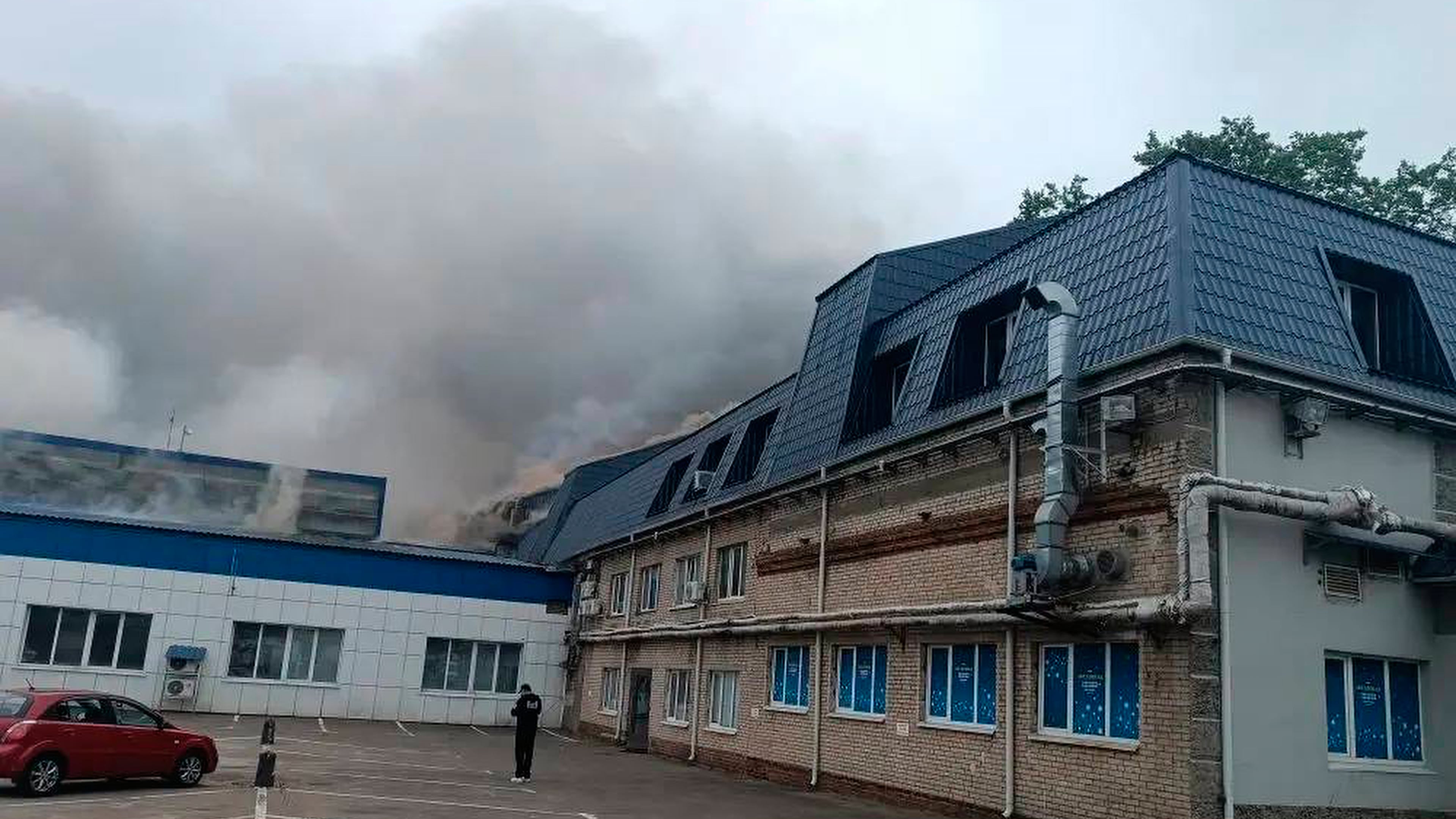 This photo provided by Moscow Region Governor Andrei Vorobyev's official telegram channel shows smoke rising from a damaged building after a Ukrainian drone attack outside Moscow on Thursday, June 18, 2026. (Moscow Region Governor Andrei Vorobyev's official telegram channel via AP)