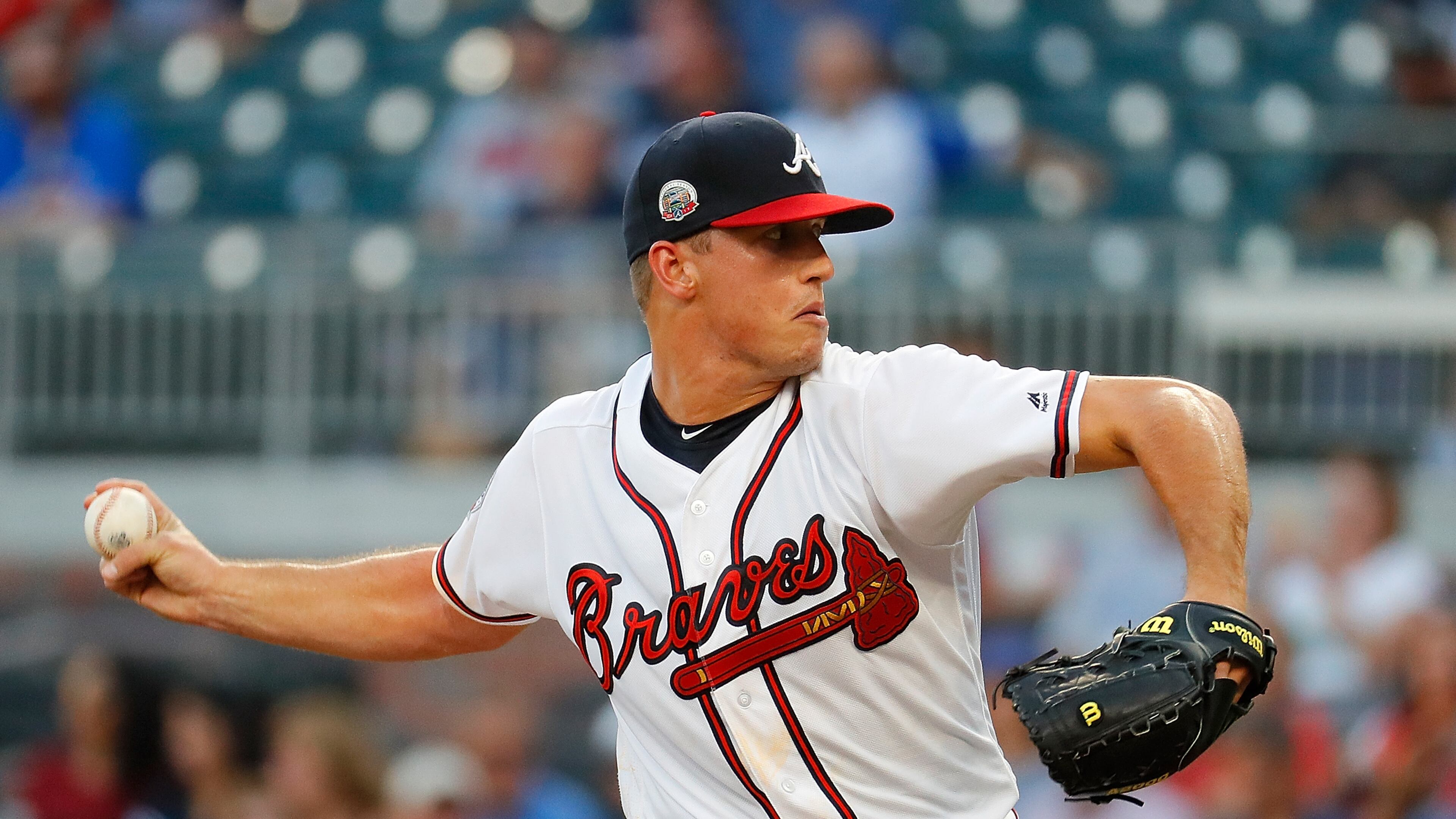 Lucas Sims of the Braves pitches against the Seattle Mariners at SunTrust Park on August 22, 2017 in Atlanta, Georgia. (Photo by Kevin C. Cox/Getty Images)