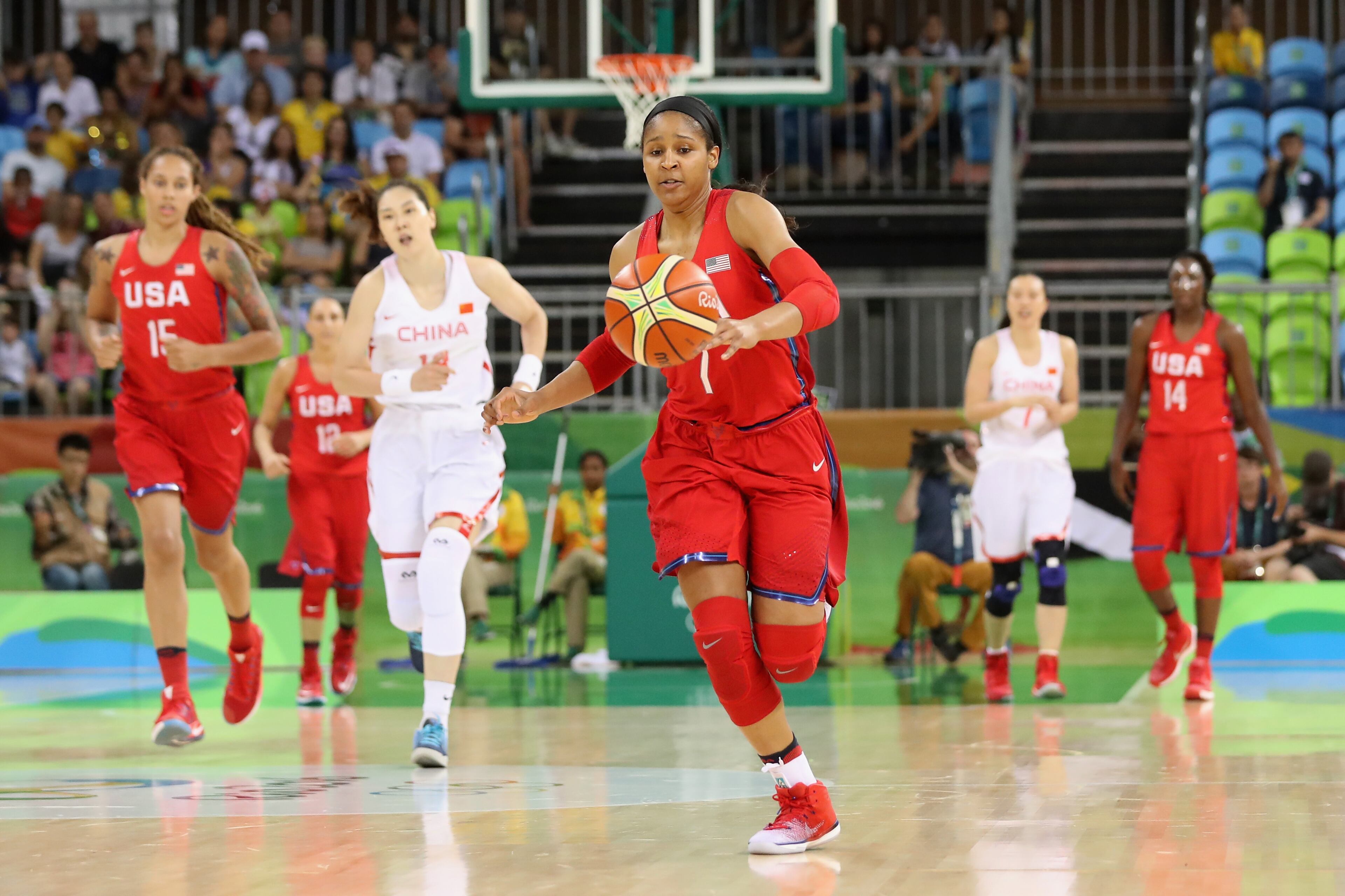 RIO DE JANEIRO, BRAZIL - AUGUST 14: Maya Moore #7 of United States dribbles the ball on a fast break against China during the Womens Preliminary Round on Day 9 of the 2016 Rio Olympics on August 14, 2016 in Rio de Janeiro, Brazil. (Photo by Rob Carr/Getty Images)