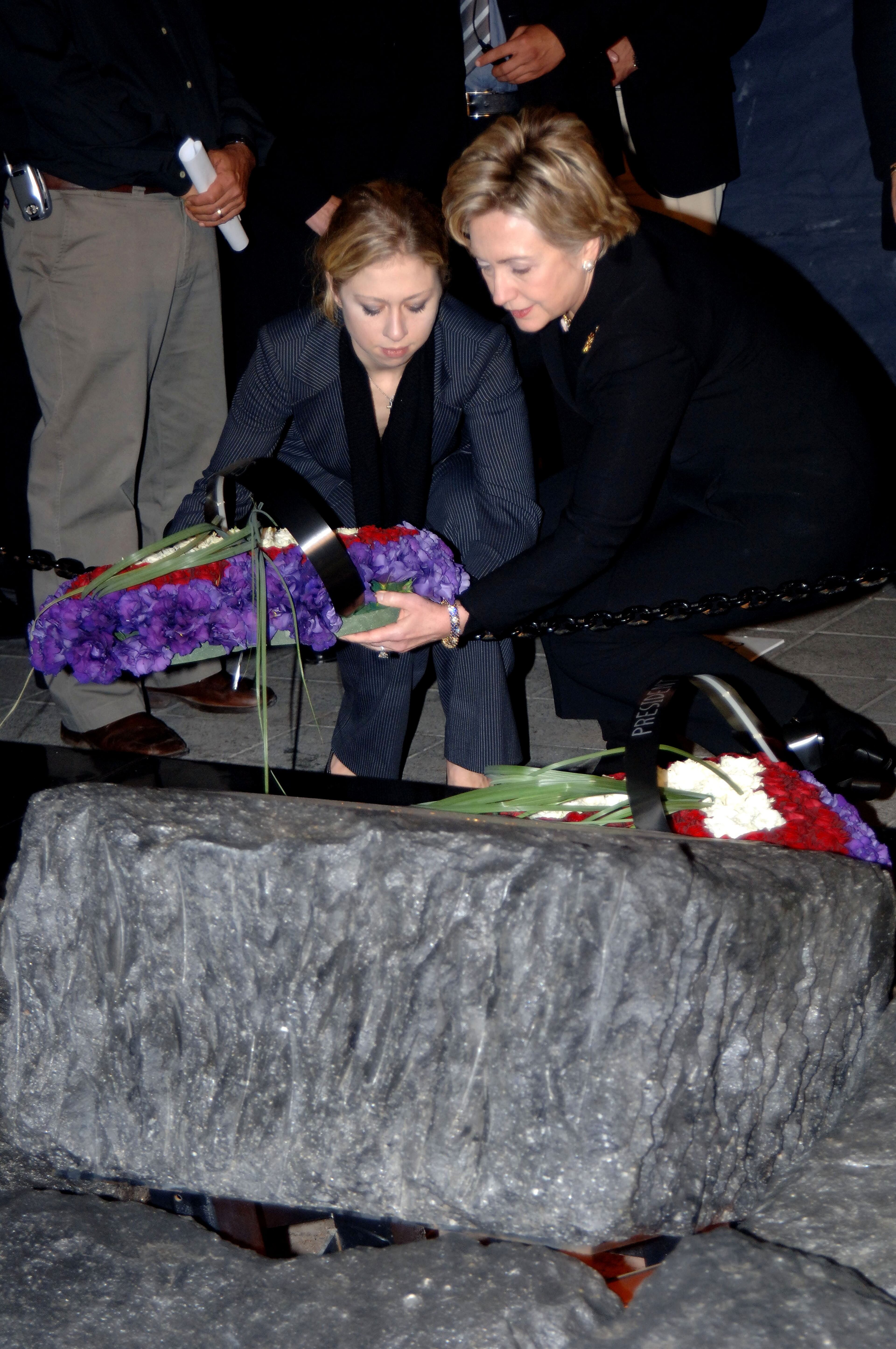In this photo released by the Rabin Heritage Center, U.S. Senator Hillary Rodham Clinton (D-NY) and her daughter Chelsea Clinton lay a wreath at the spot where Israeli Prime Minister Yitzhak Rabin was assassinated 10 years previously, during a memorial rally November 12, 2005 in Tel Aviv, Israel. (Photo by Israel Hadari/Rabin Heritage Center via Getty Images)