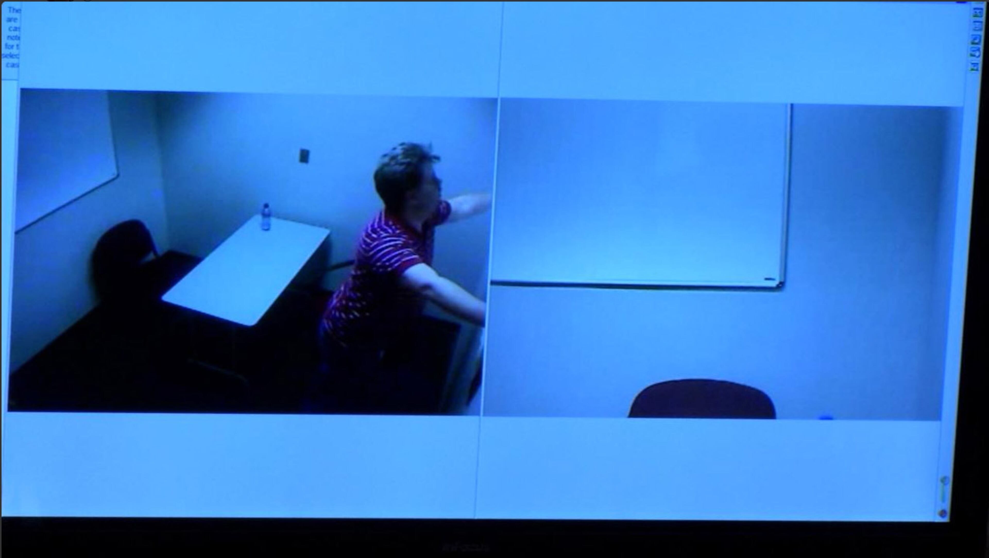 Justin Ross Harris is shown inside an interrogation room on the day his son Cooper died, in this footage shown to jurors during Harris' murder trial at the Glynn County Courthouse in Brunswick, Ga., on Friday, Oct. 21, 2016. (screen capture via WSB-TV)