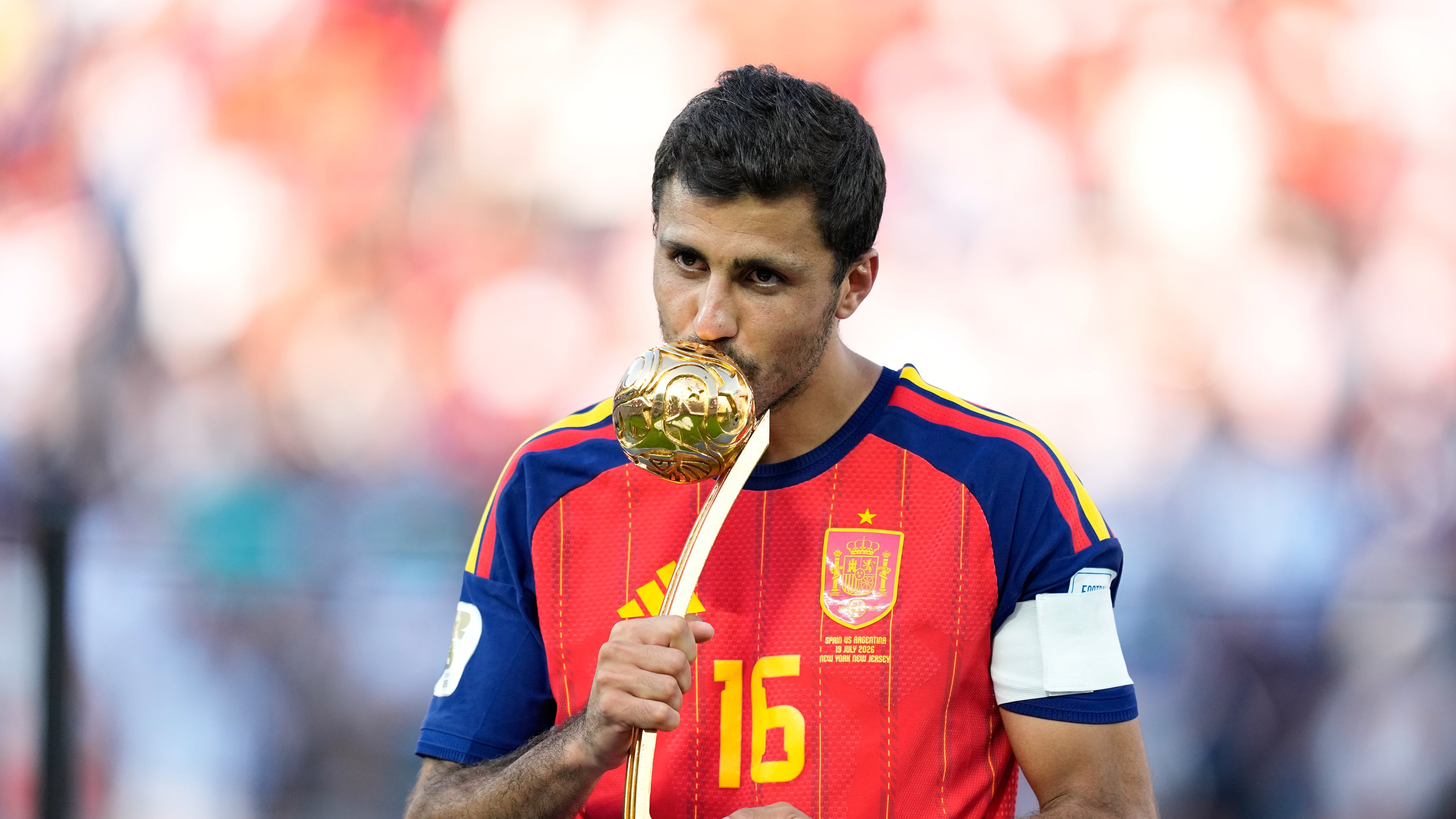 Spain's Rodri poses with the tournament's best player award at the end of the World Cup final soccer match between Spain and Argentina in East Rutherford, N.J., near New York, Sunday, July 19, 2026. (AP Photo/Ashley Landis)