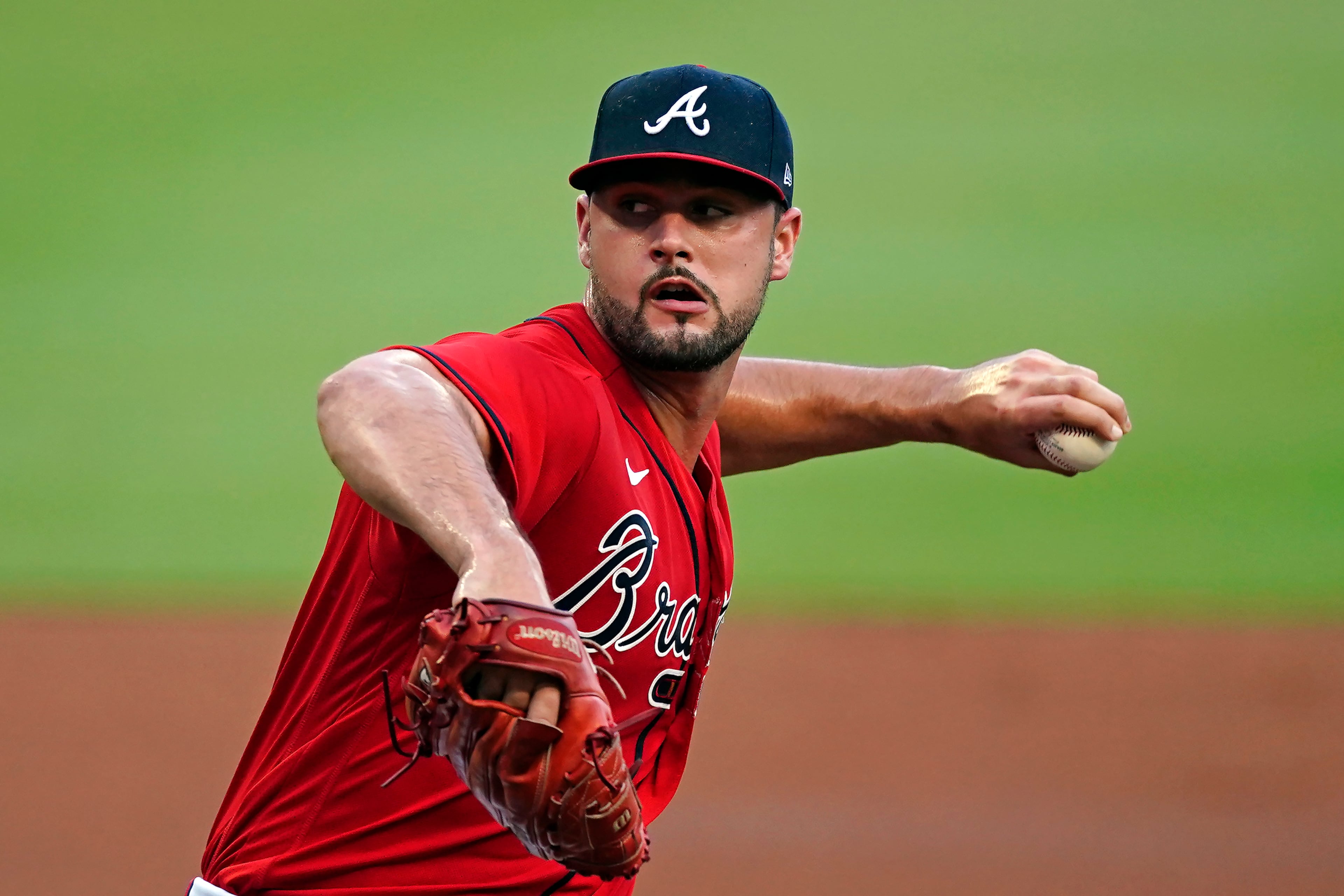 Atlanta Braves starting pitcher Kyle Muller works in the first inning of a baseball game against the Washington Nationals, Friday, Aug. 6, 2021, in Atlanta. (AP Photo/John Bazemore)