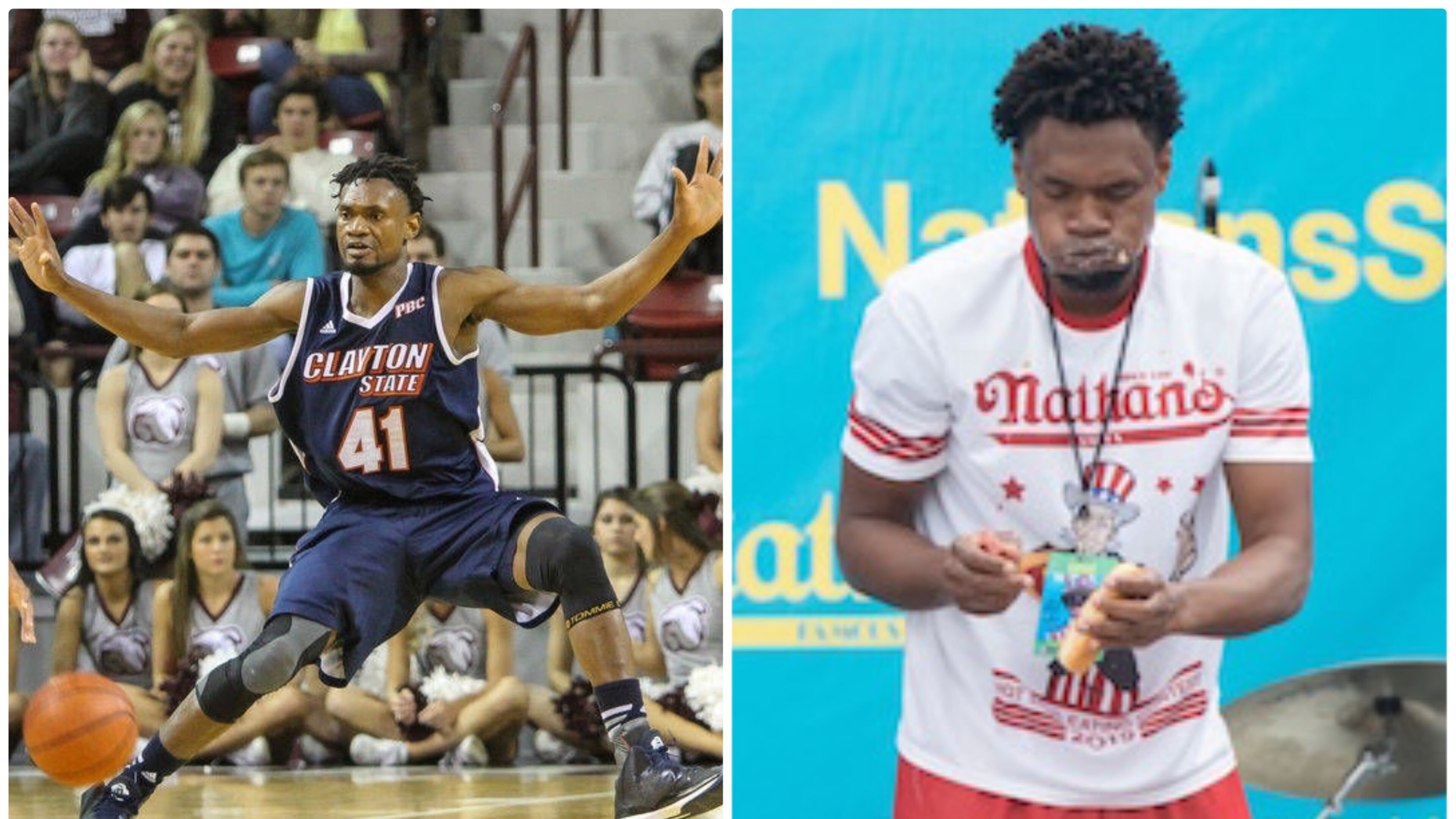 Gideon Oji, a former basketball player at Division II Clayton State University, finished sixth on Wednesday in the Nathan's Famous Hot Dog Eating Contest on ESPN2, taking down 37.5 hot dogs and buns.