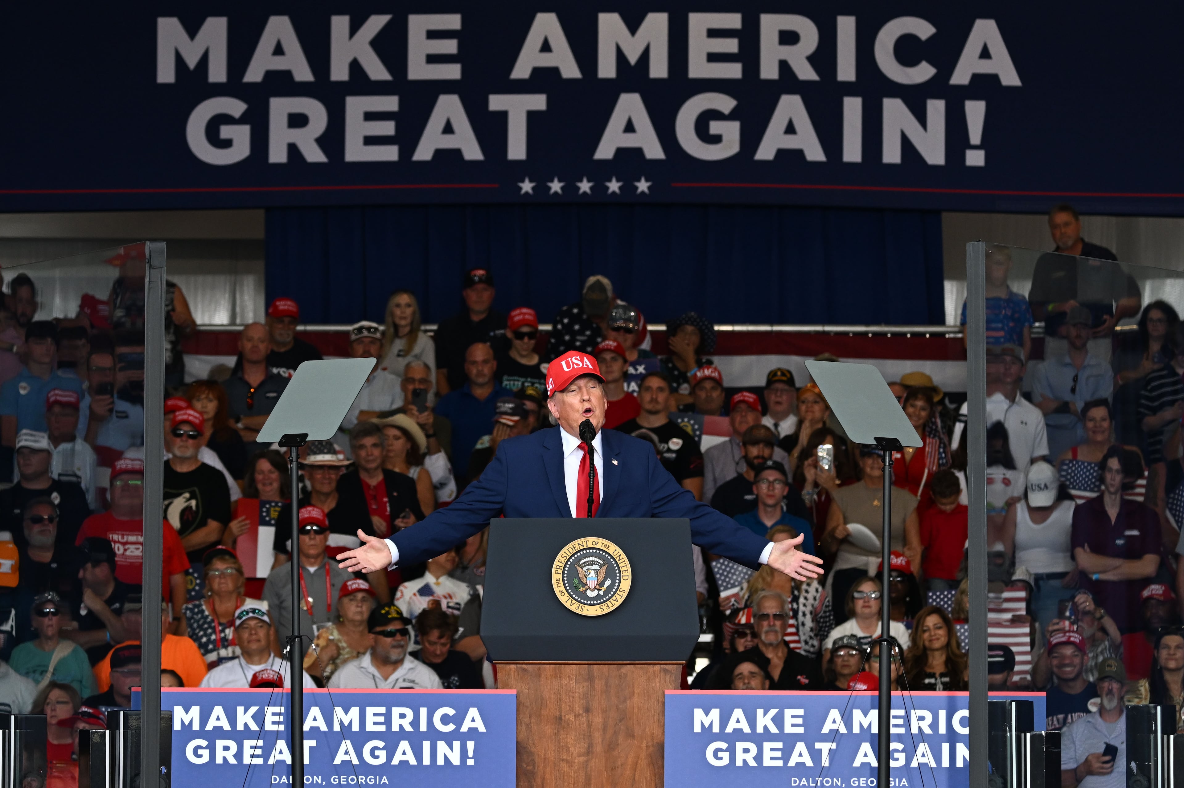 President Donald J. Trump speaks during a campaign rally at Dalton Municipal Airport on Friday, Oct. 16, 2026, in Dalton. (Hyosub Shin/AJC)