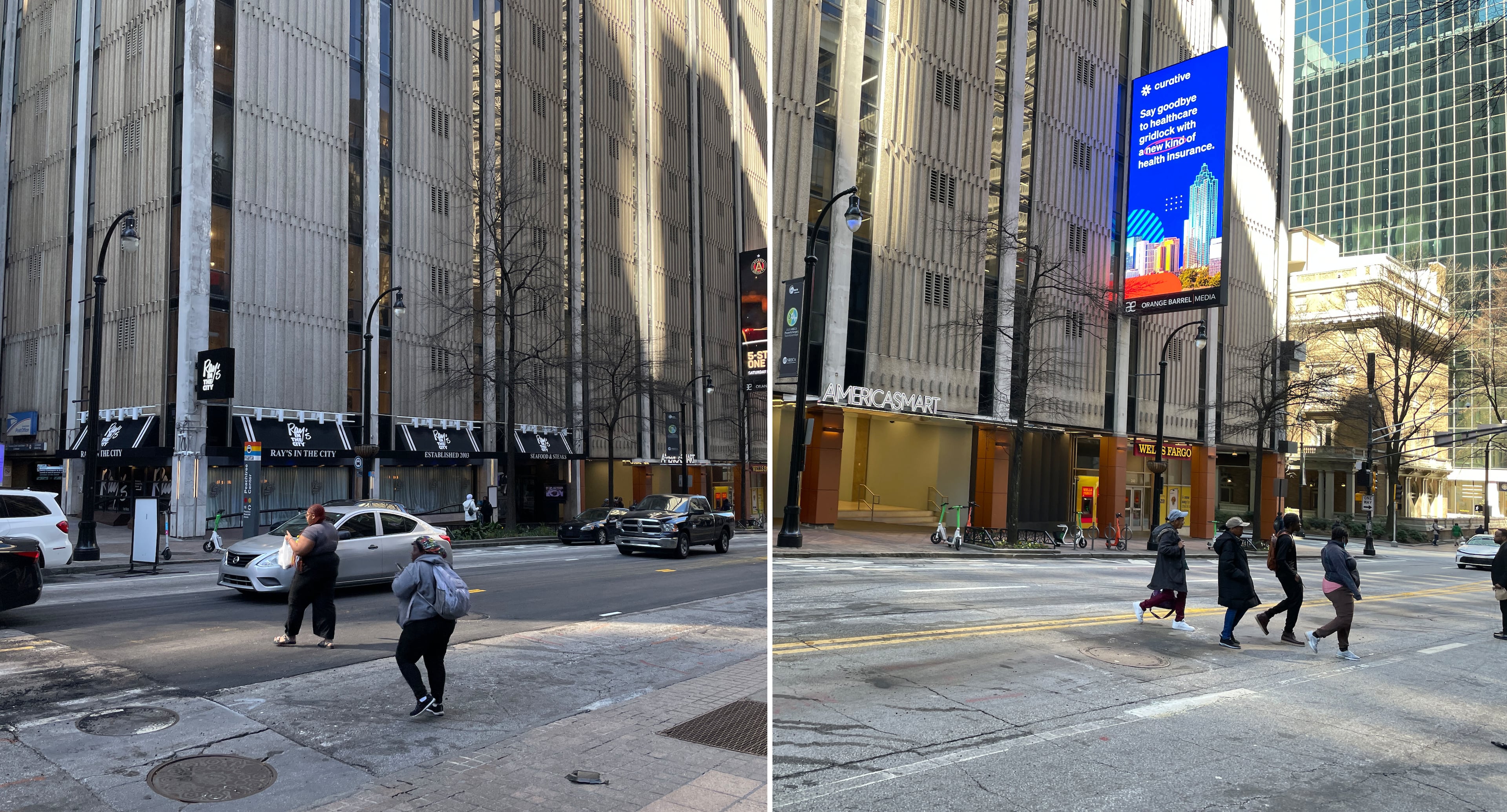 Pedestrians cross Peachtree Street on Monday after a faded crosswalk was removed. Councilman Jason Dozier called this ‘a desire path’ because people naturally cross there. He said he and other council members will urge the city to make the crossing safer. AJC photos