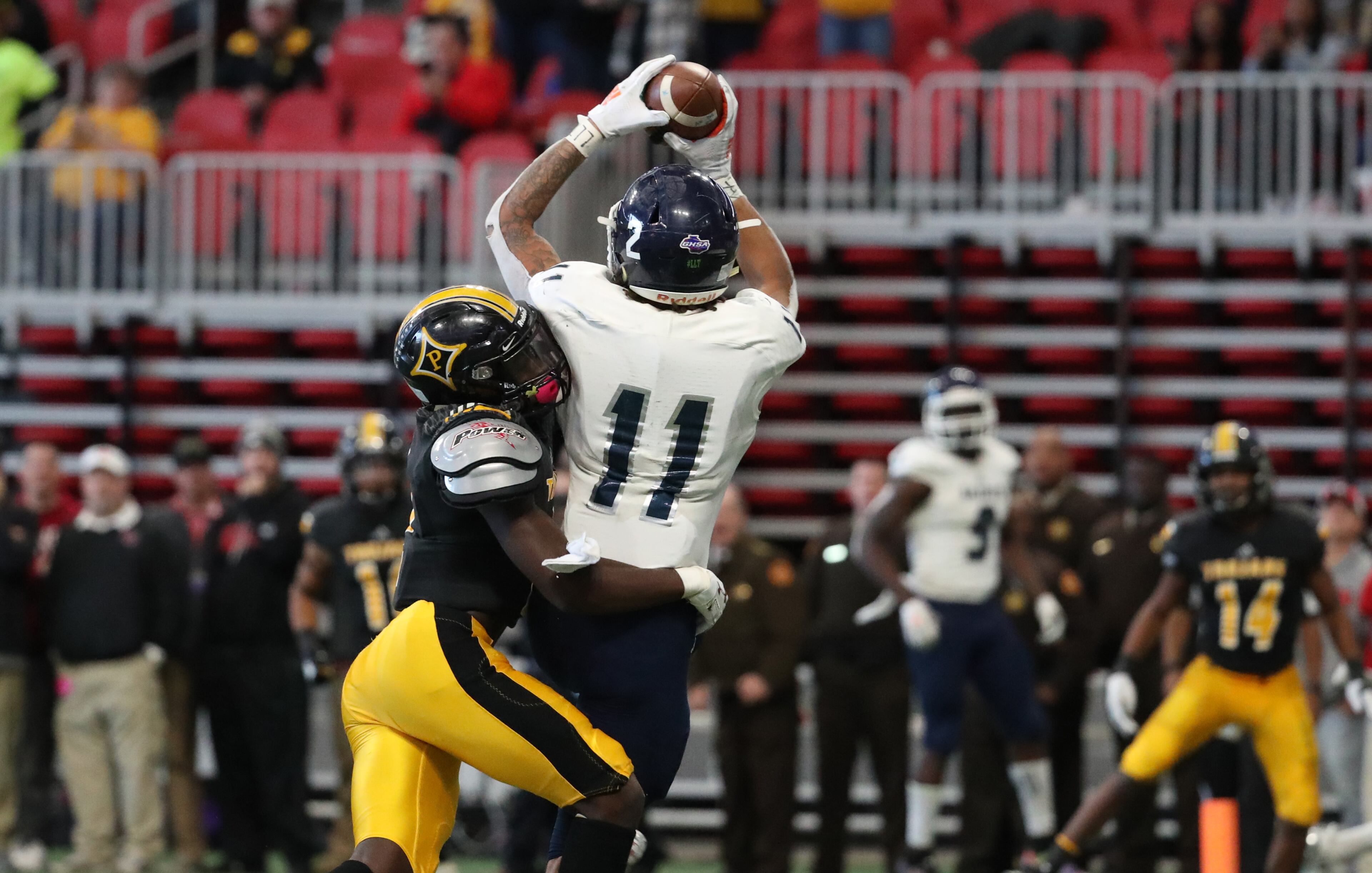 Cedar Grove wide receiver Jadon Haselwood (11) catches the game-tying touchdown in the fourth quarter against Peach County during the Class AAA State Championship at Mercedes-Benz Stadium, Tuesday, December 11, 2018, in Atlanta. Cedar Grove would eventually win 14-13. (Jason Getz/Special to the AJC)