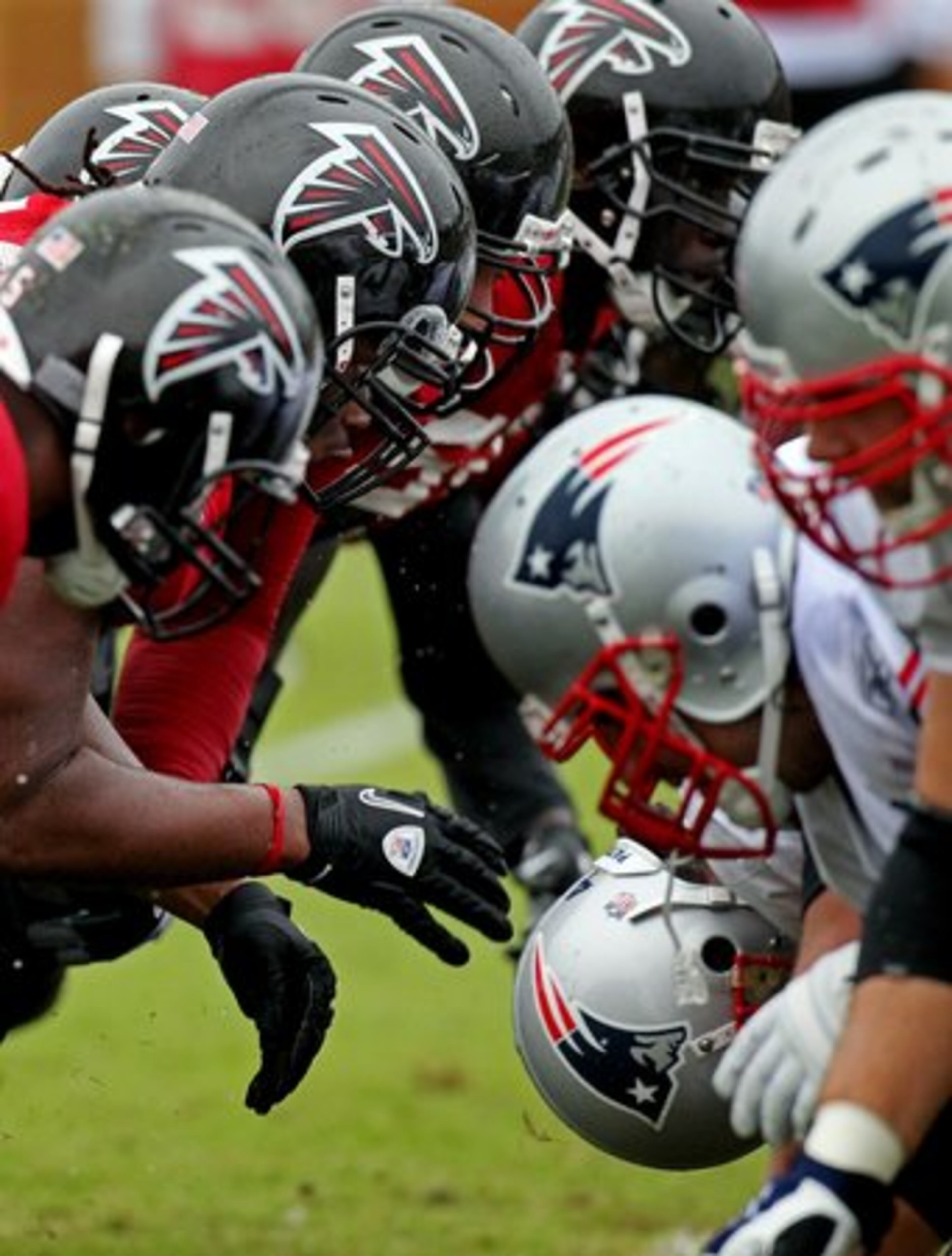 Falcons defensive line, Patriots offensive line get up close and personal.