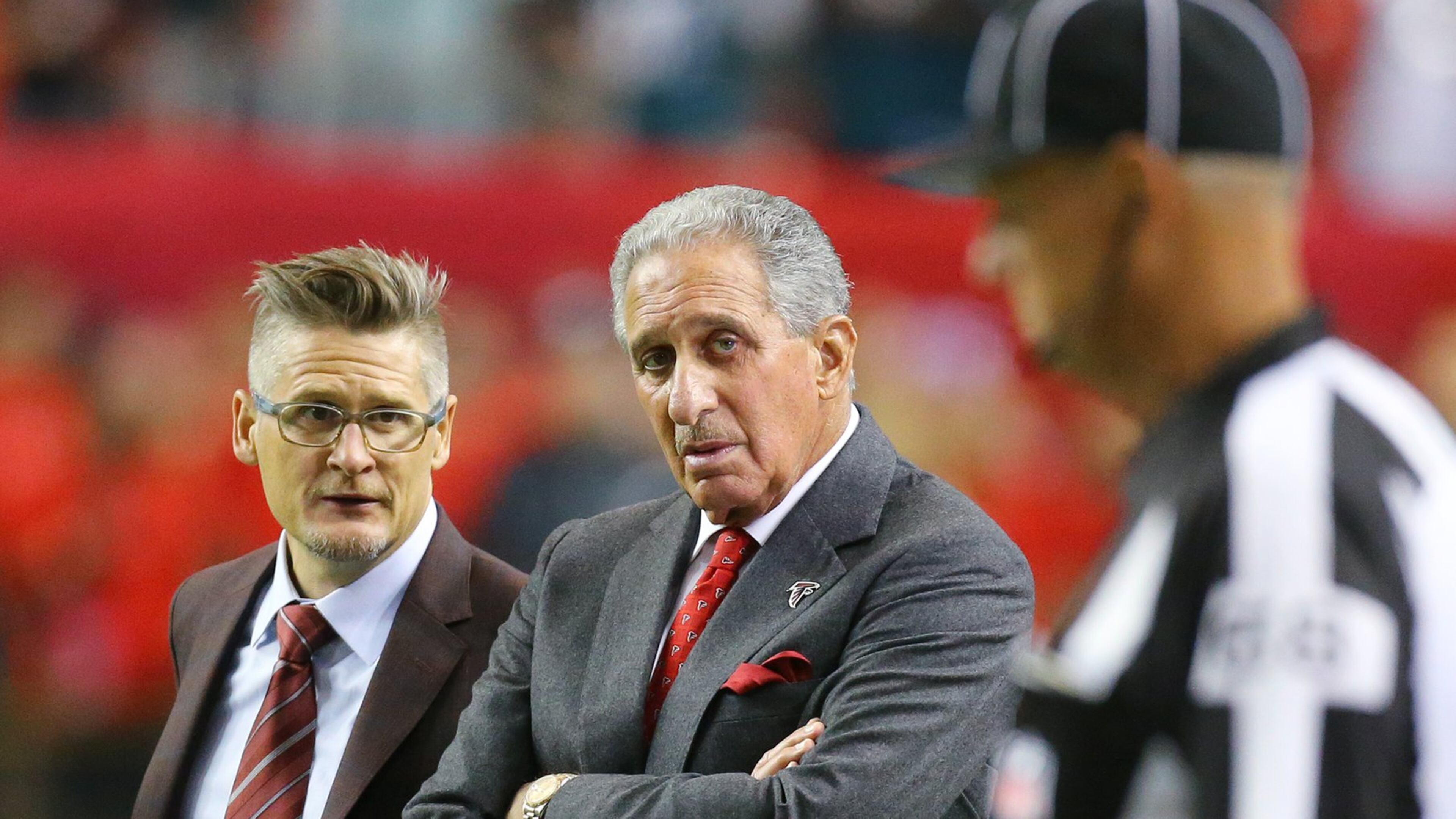 091415 ATLANTA: Falcons owner Arthur Blank and General Manager Thomas Dimitroff look on as the Falcons prepare to play the Eagles on Monday Night Football on Monday, Sept. 14, 2015, in Atlanta. Curtis Compton / ccompton@ajc.com