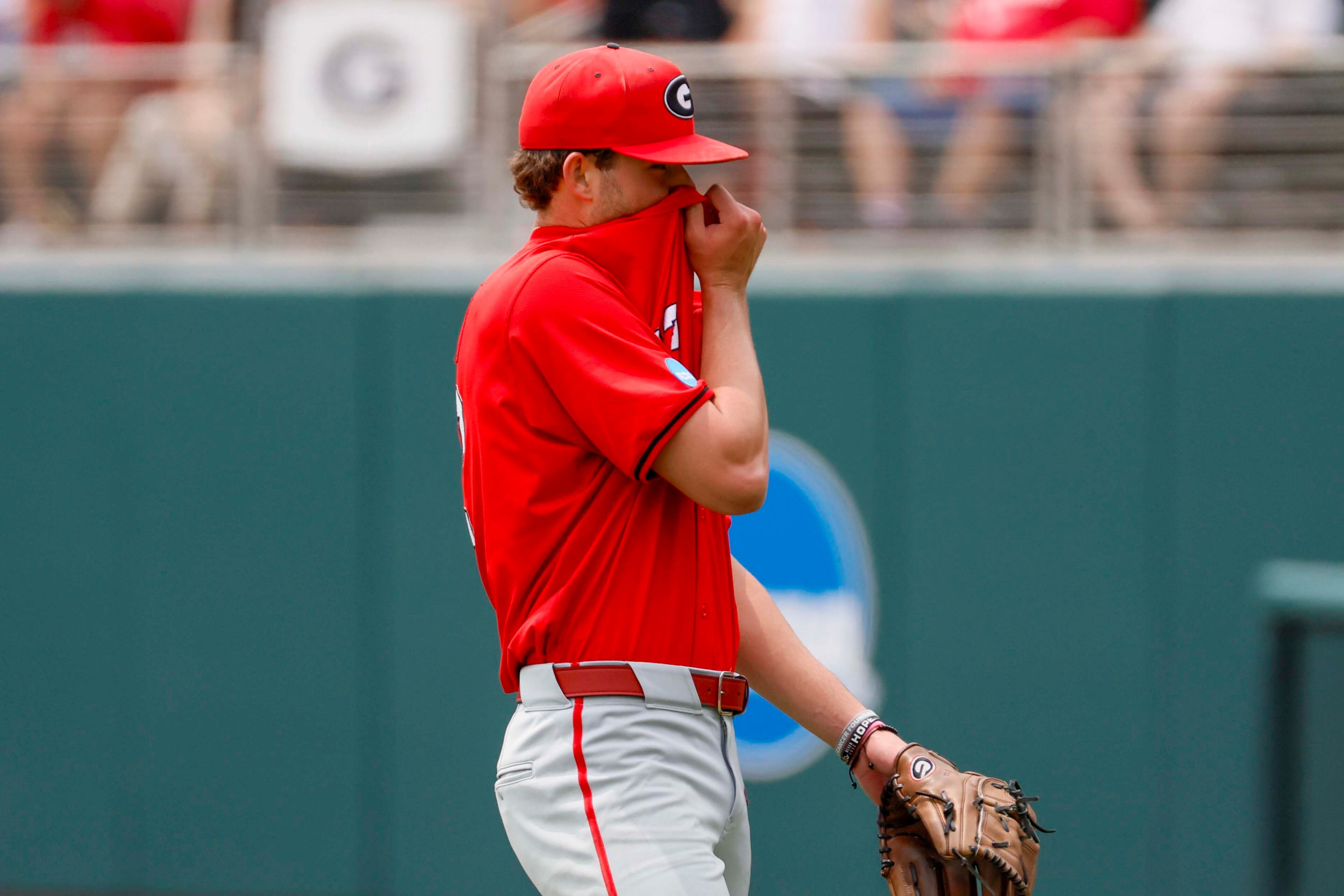 Georgia pitcher JT Quinn (22) reacts after giving up a solo home run during the first inning of the NCAA Regional game at Foley Field on Sunday, June 1, 2025, in Athens, Ga.
(Miguel Martinez/ AJC)