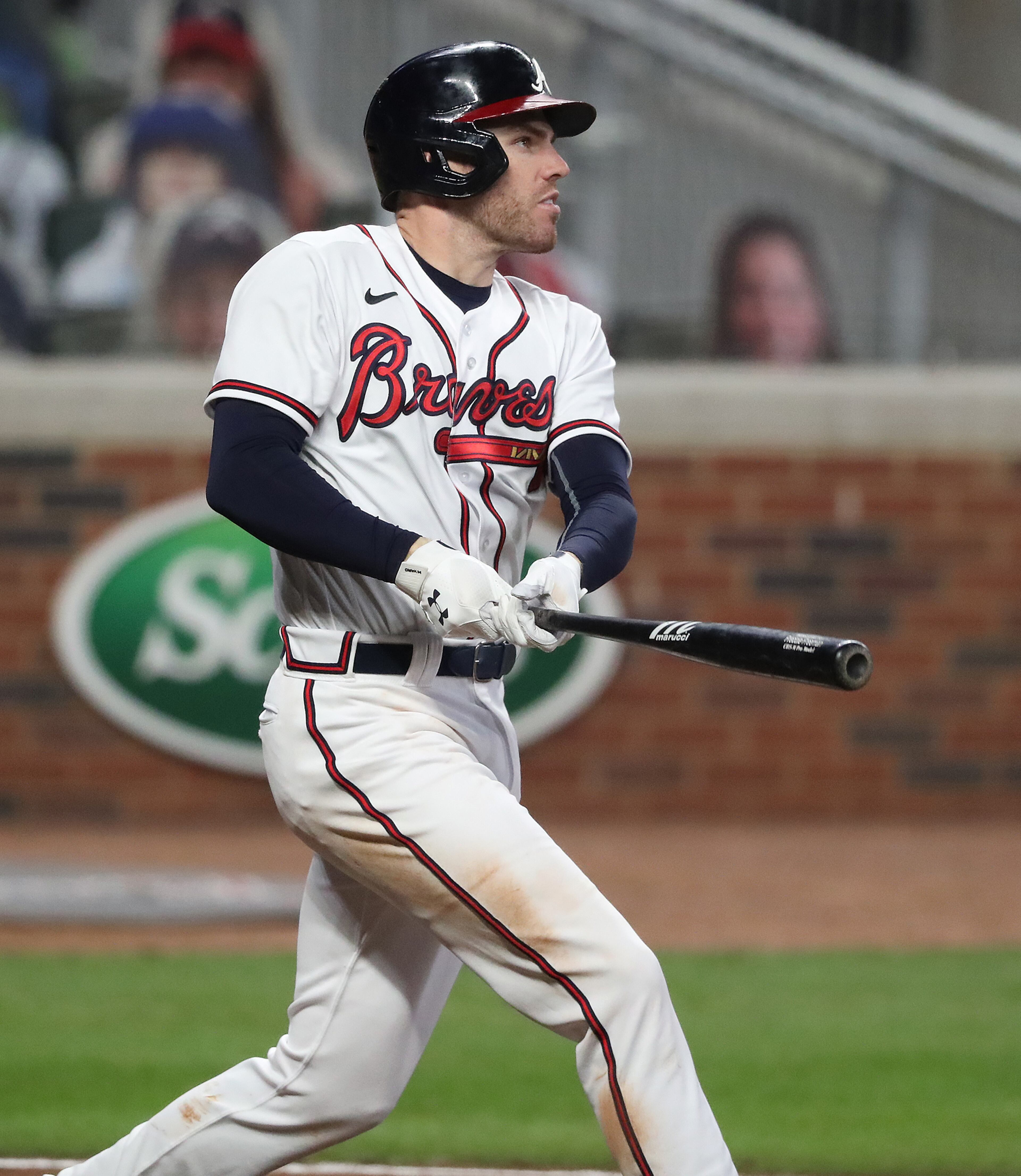 Freddie Freeman hits a 2-run homer for a 7-1 lead over the Miami Marlins during the seventh inning in a MLB baseball game on Tuesday, Sept. 22, 2020 in Atlanta. “Curtis Compton / Curtis.Compton@ajc.com”