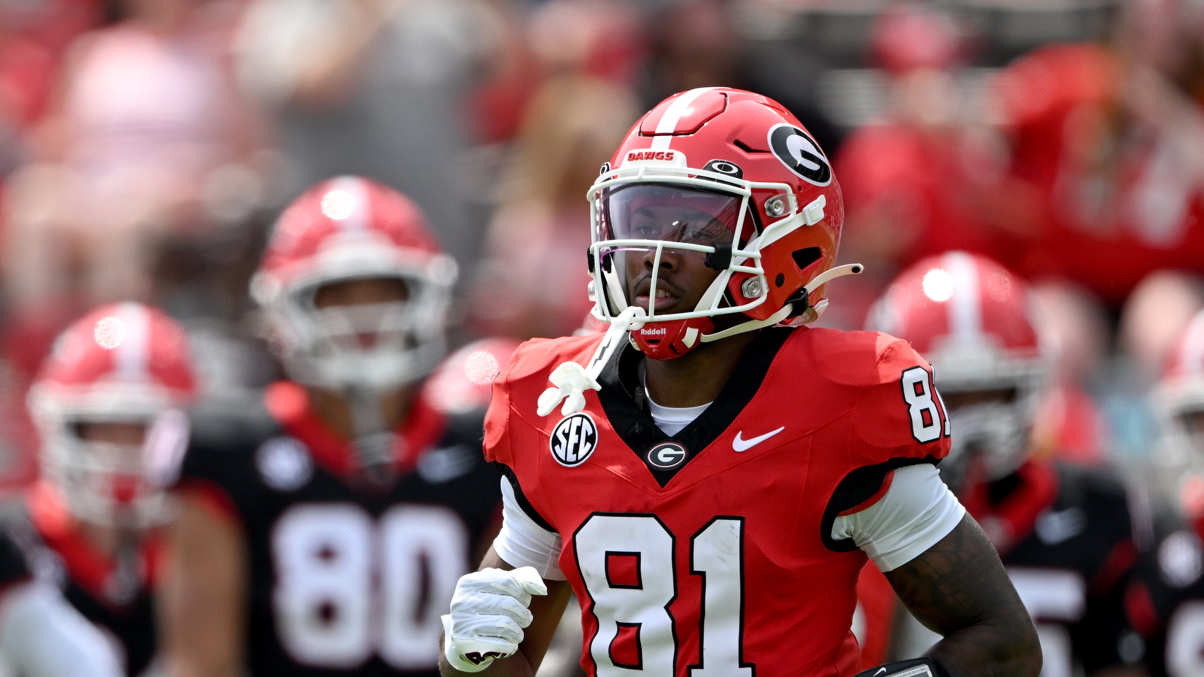 Georgia wide receiver Craig Dandridge Jr. warms up during G-Day at Sanford Stadium on SApril 18, 2026. (Hyosub Shin/AJC)