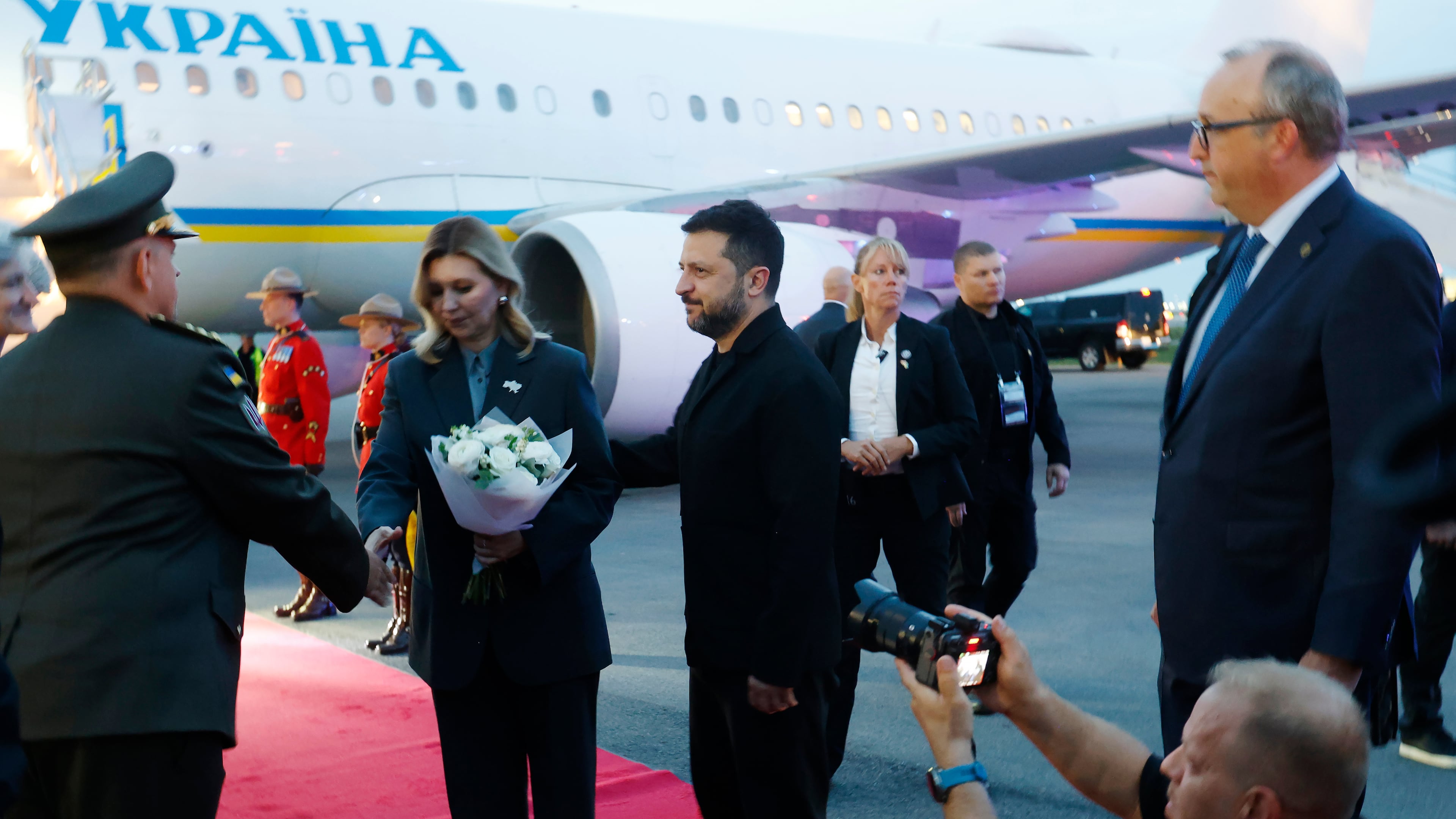 President of Ukraine Volodymyr Zelenskyy and his wife Olena Zelenska arrive in Calgary, Alberta, on Wednesday, Sept. 9, 2026. (Jeff McIntosh/The Canadian Press via AP)
