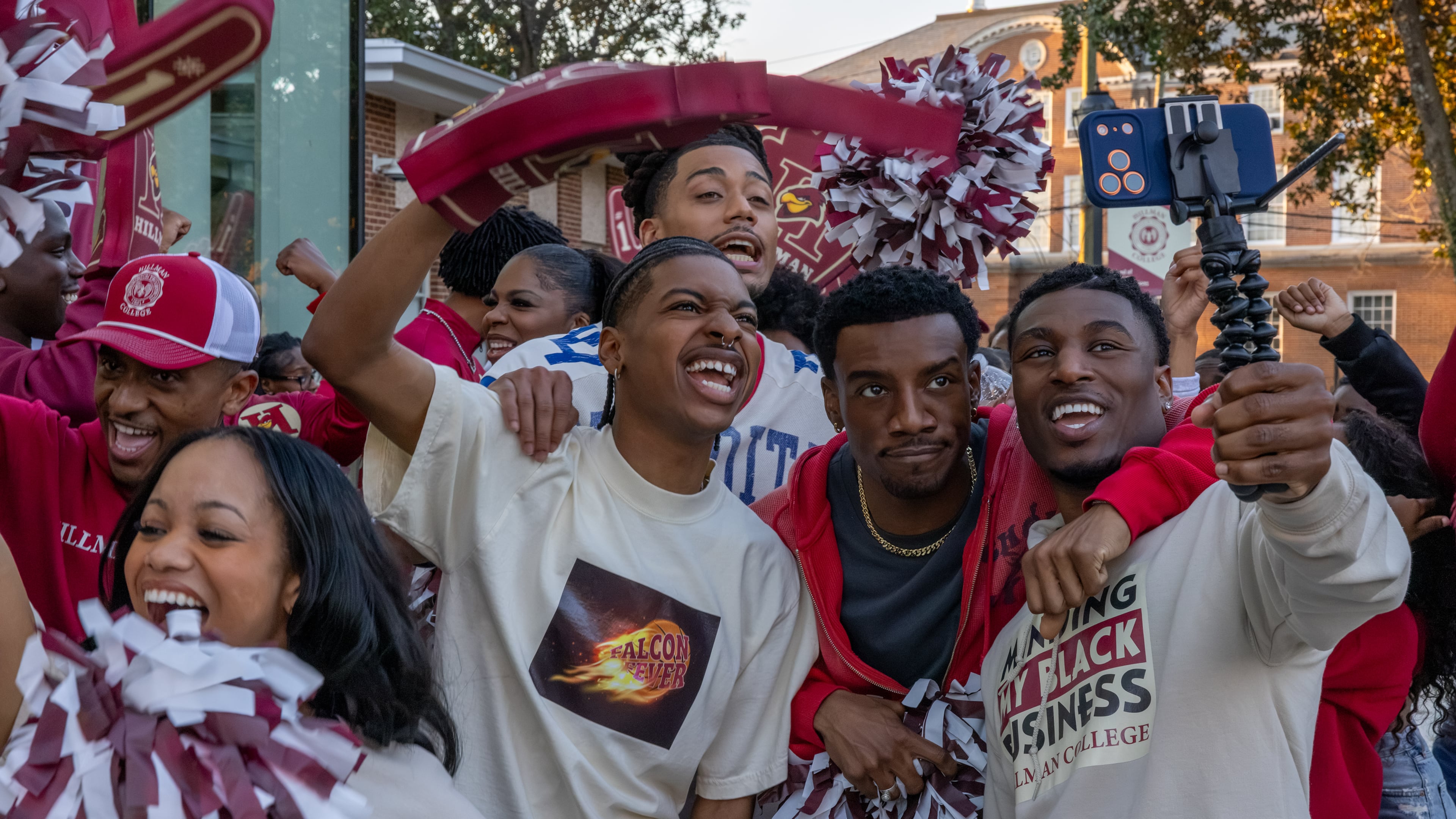 This opening scene of episode 8 of "A Different World" featuring (from left) Jordan Aaron Hall as Amir, Cornell Young IV as Shaquille, Chibuikem Uche as Kojo and Dasan Frazier as Xavier was shot at Atlanta University Center. (Eli Joshua Ade/Courtesy of Netflix)