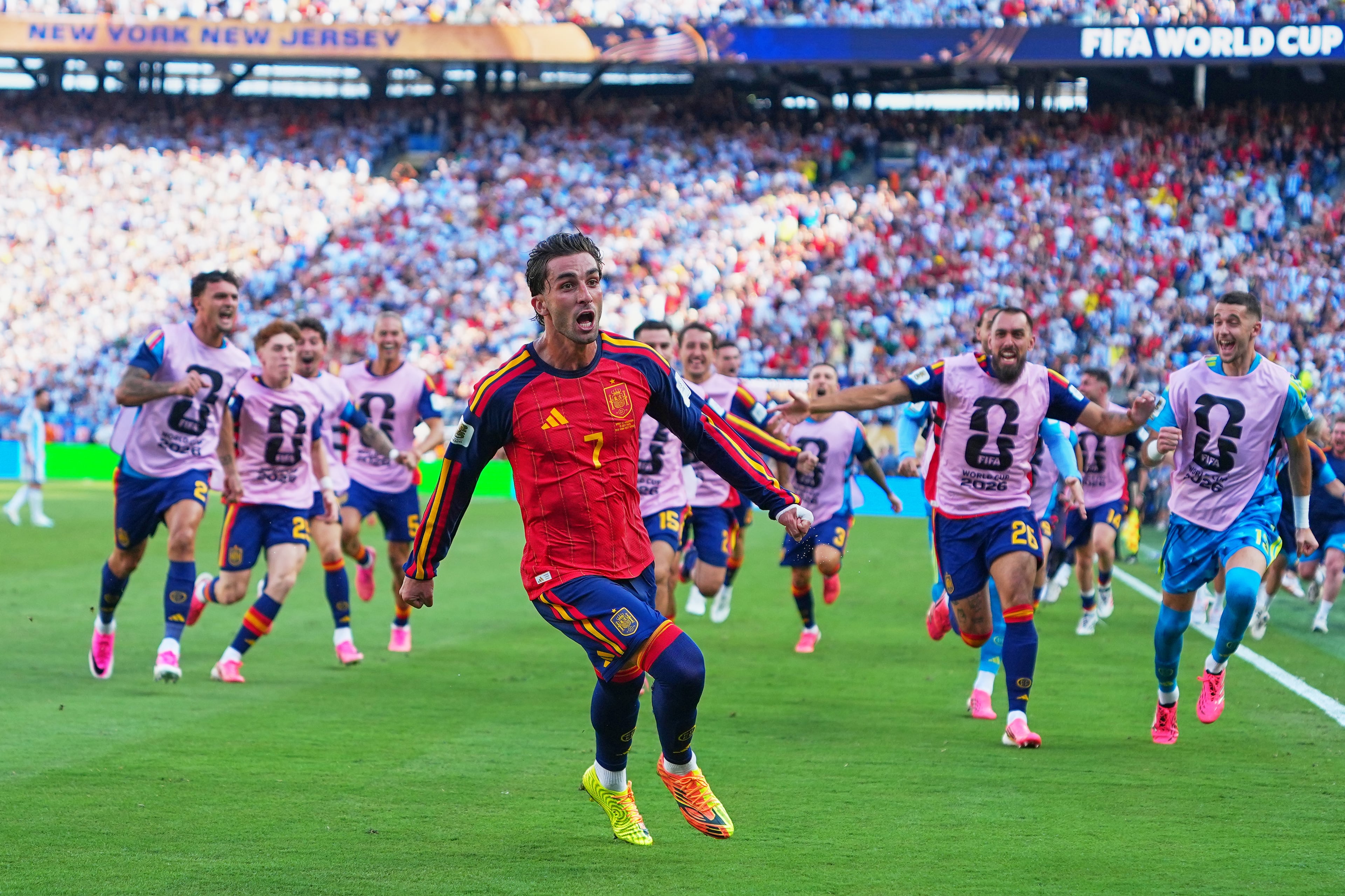 Spain's Ferran Torres (center) celebrates scoring their first goal during the World Cup final soccer match between Spain and Argentina in East Rutherford, N.J., near New York, Sunday, July 19, 2026. (Julio Cortez/AP)