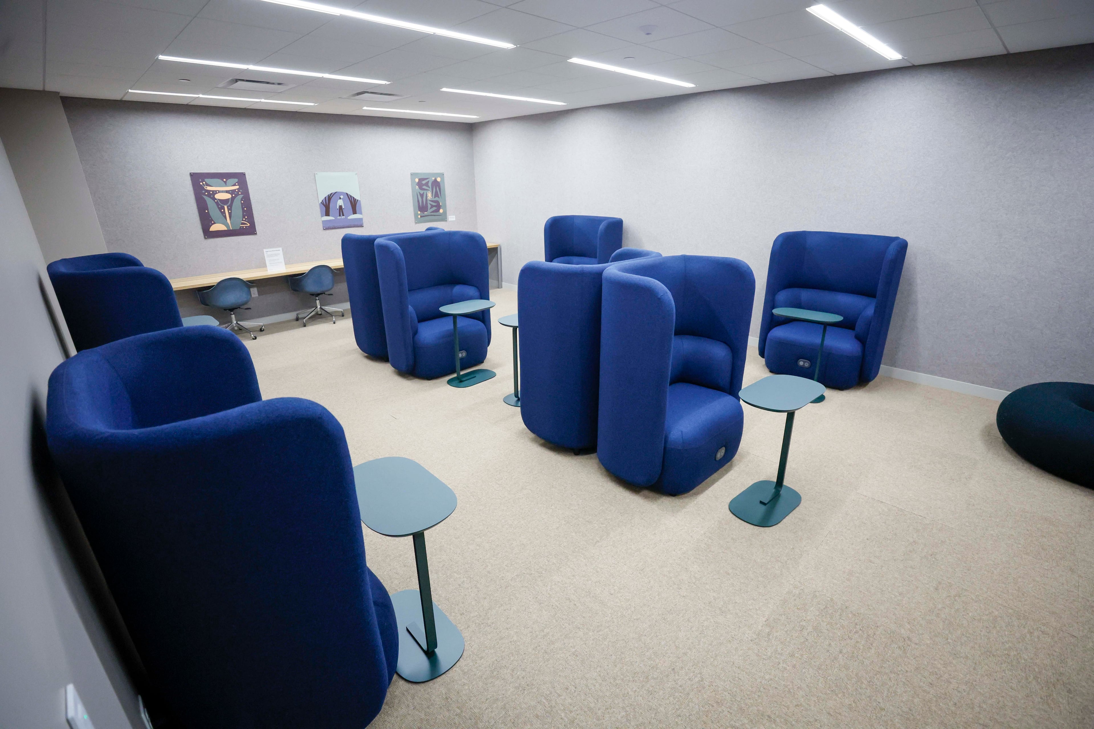The deep focus room at Rivian’s East Coast headquarters in Atlanta on Tuesday, Aug. 4, 2026. Rivian’s headquarters employs 130 people and is expected to grow to 500 by 2030. (Miguel Martinez/AJC)